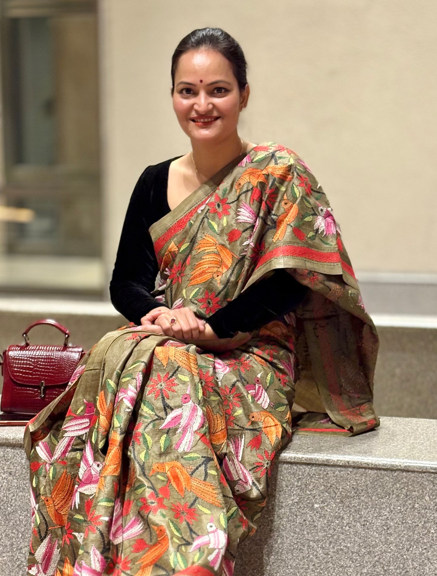 Kantha - Stitch Hand Embroidered Saree | Pure Gachi by Gachi Tussar Silk | Silk Mark Certified | Olive