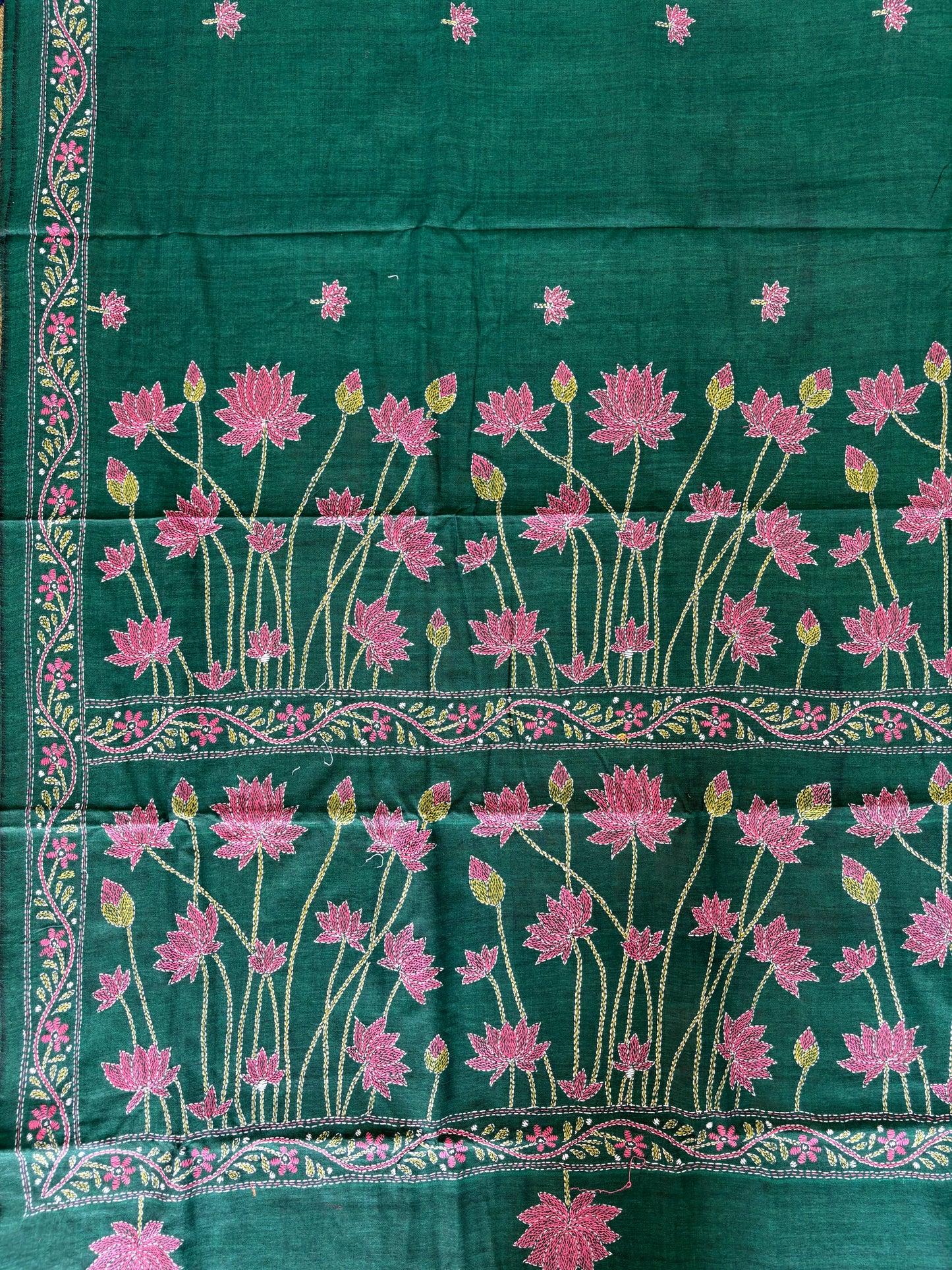 Kantha stitch Khadi Cotton Saree - Green