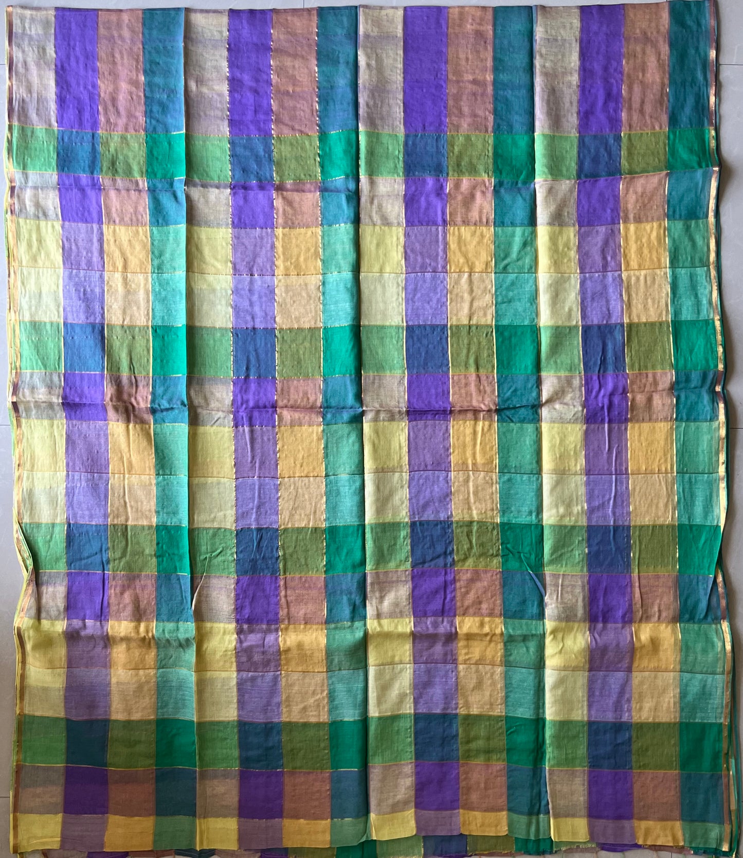 Mul Cotton Check Stripes Golden Lining Saree