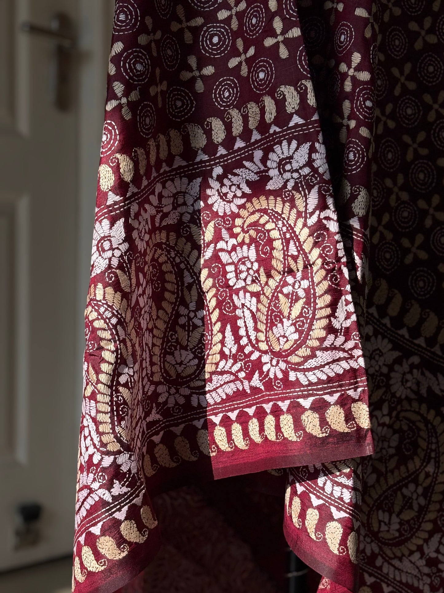 Kantha Hand Embroidary Full Work Pure Banglore Silk Dupatta. (With Silk Mark)