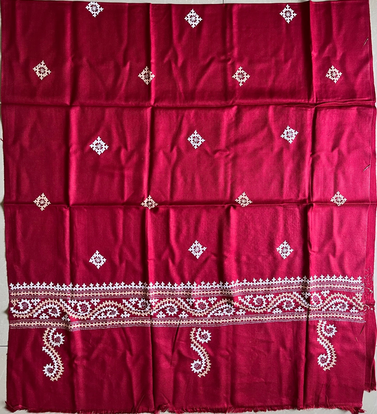 Gujrati Stitch Hand Embroidered Woollen Warm Shawl (maroon)