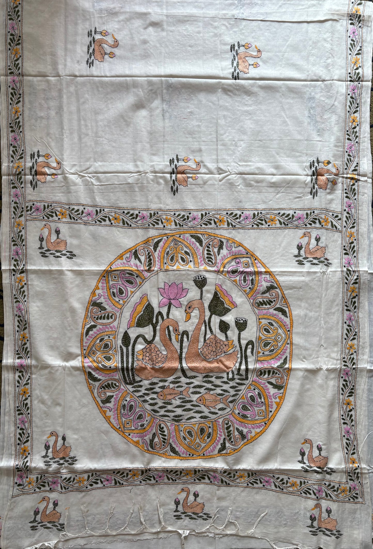 Kantha stitch Khadi Cotton Saree - Off white