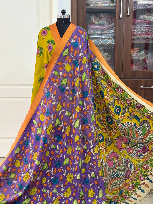 Pen Kalamkari hand painted pure cotton Saree with blouse