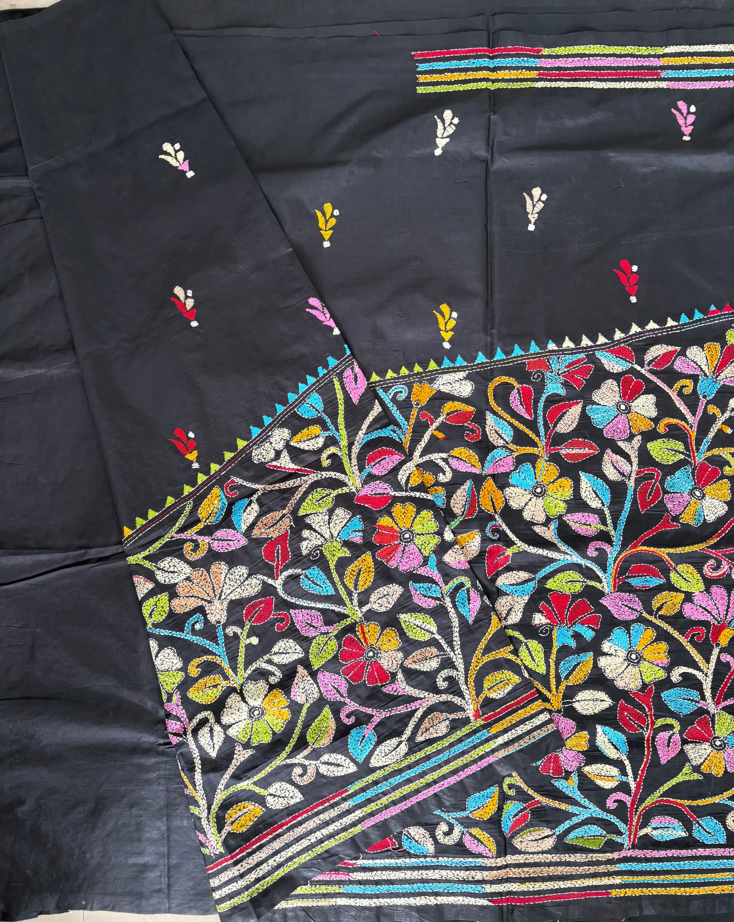 Kantha Hand Embroidered Blended Banglore Silk/Art Silk Saree With Blouse