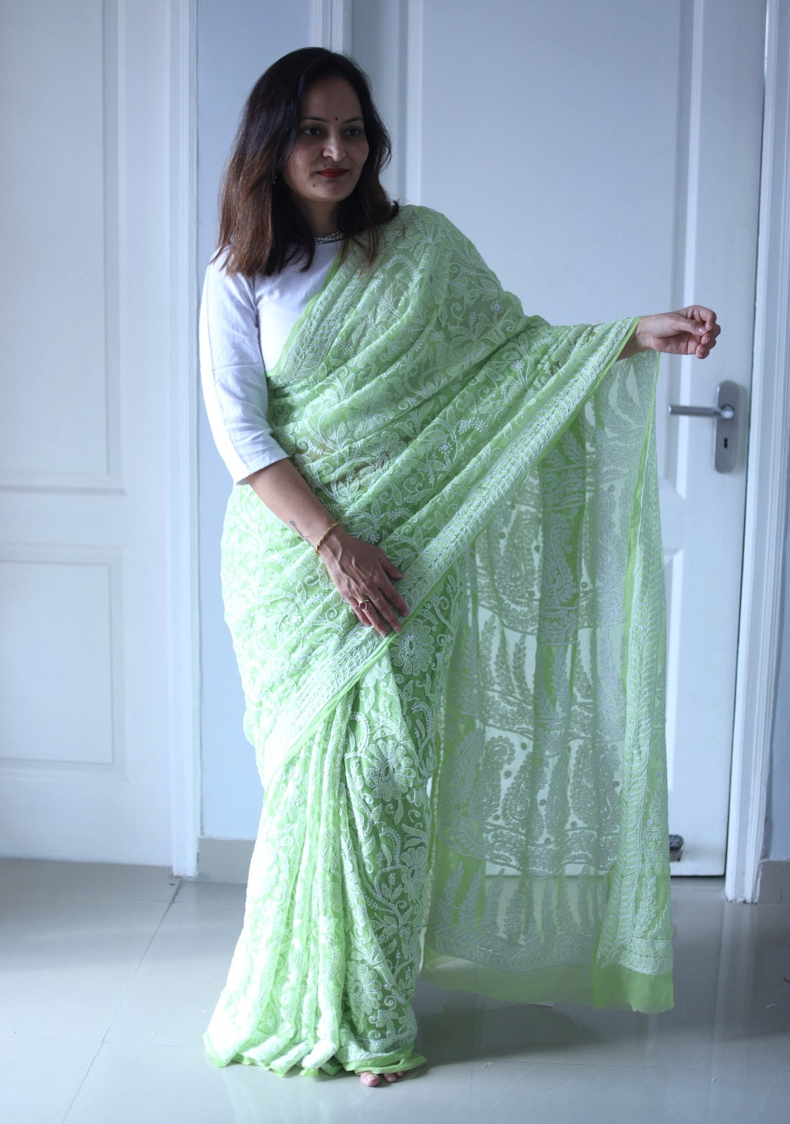 Light Green Georgette Chikankari Work Hand Embroidered Saree