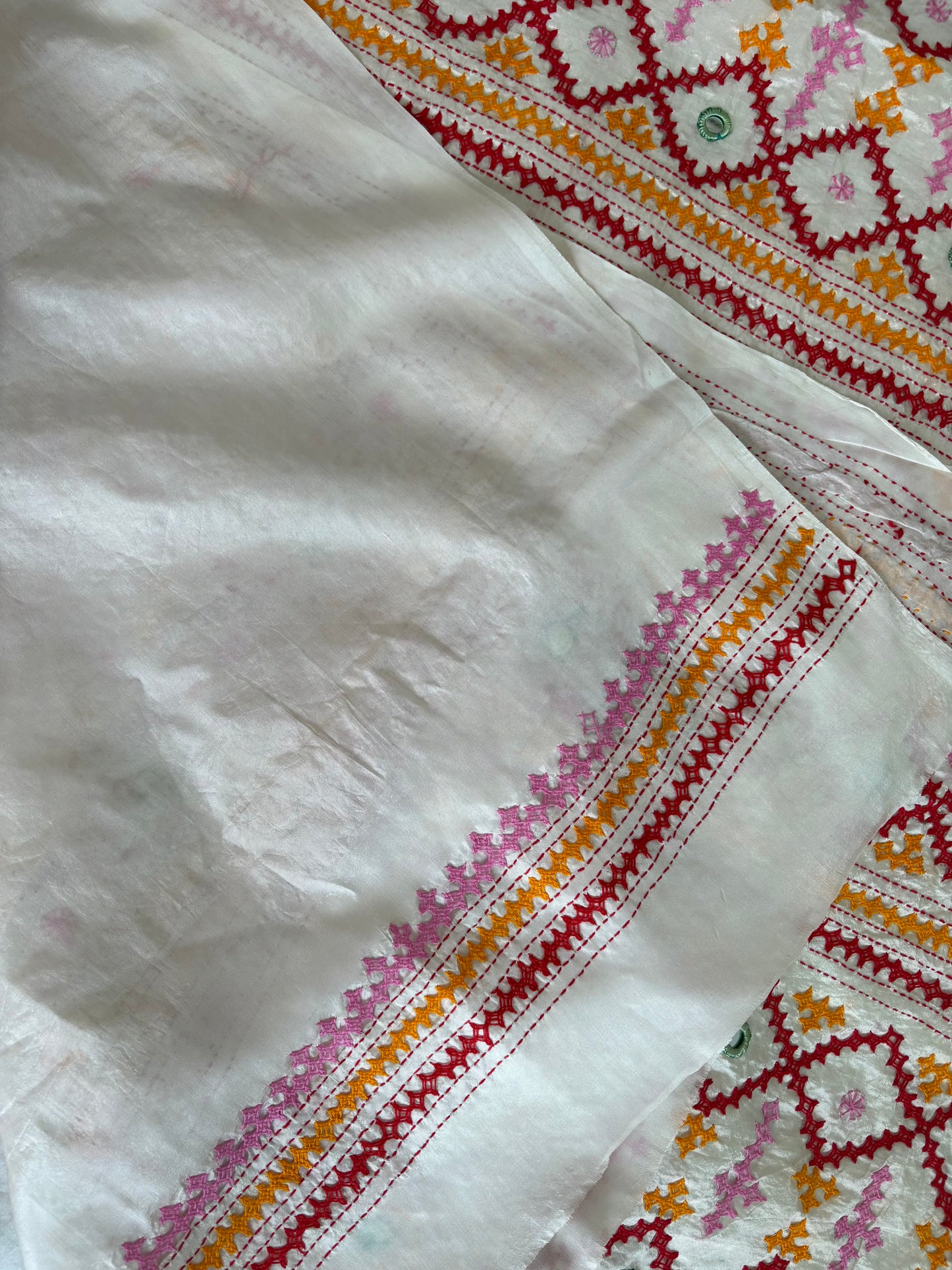 Real mirror work Kutchi Bhara Hand Embroidered Art Silk Saree- Off white