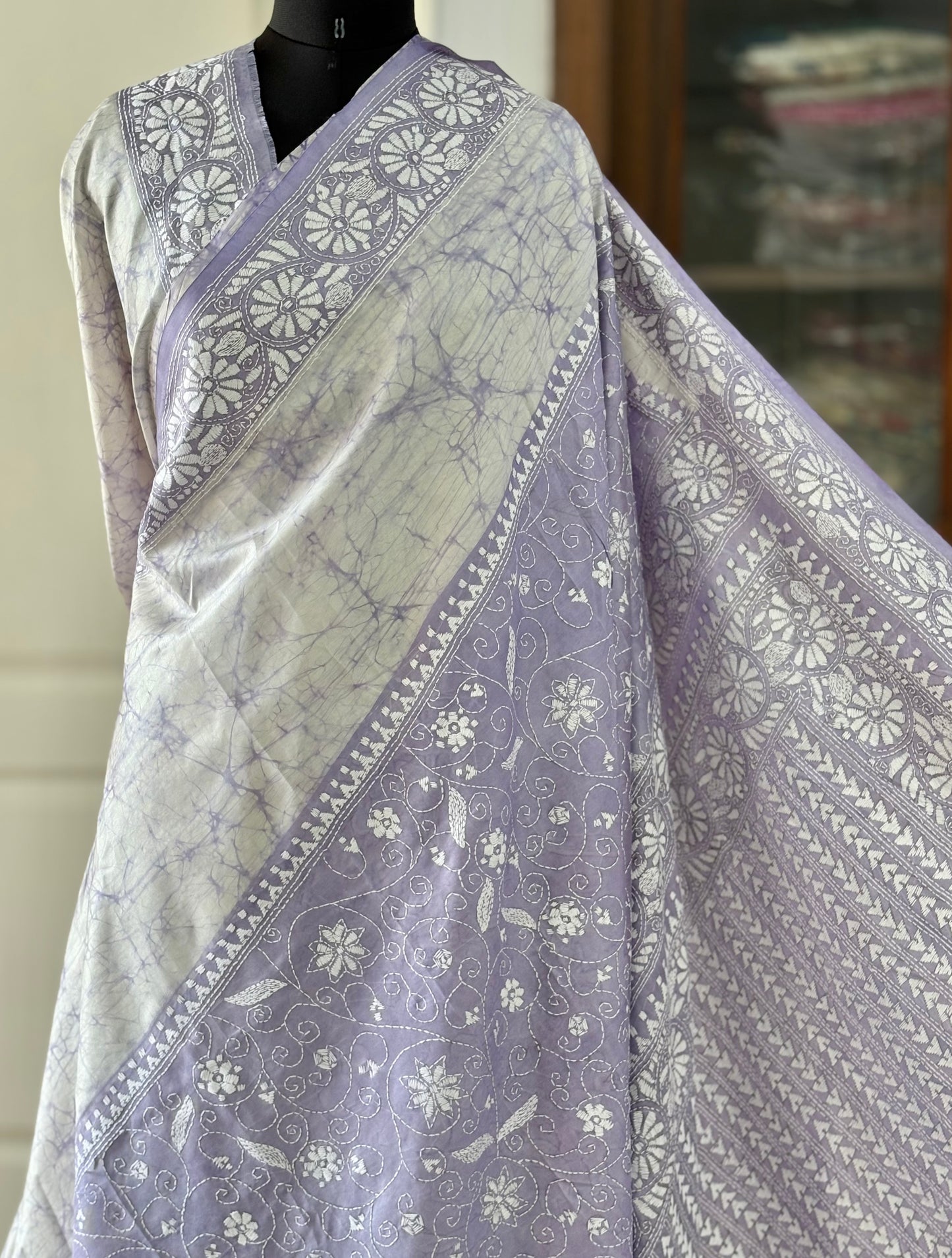 Kantha Stitch Hand Embroidered Art Silk Saree With Blouse