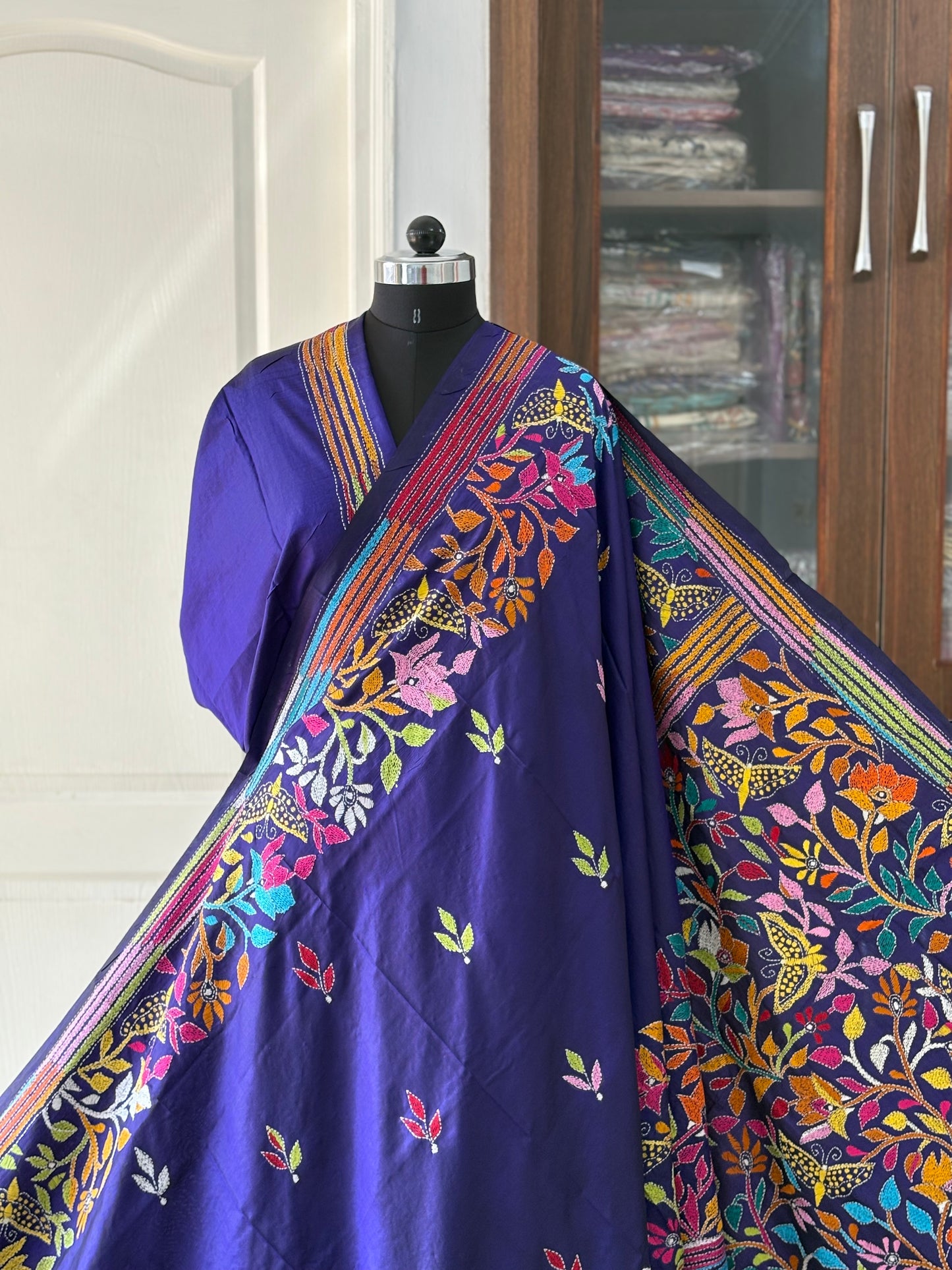 Kantha Hand Embroidered Pure Banglore Silk Saree (Silk Marked)