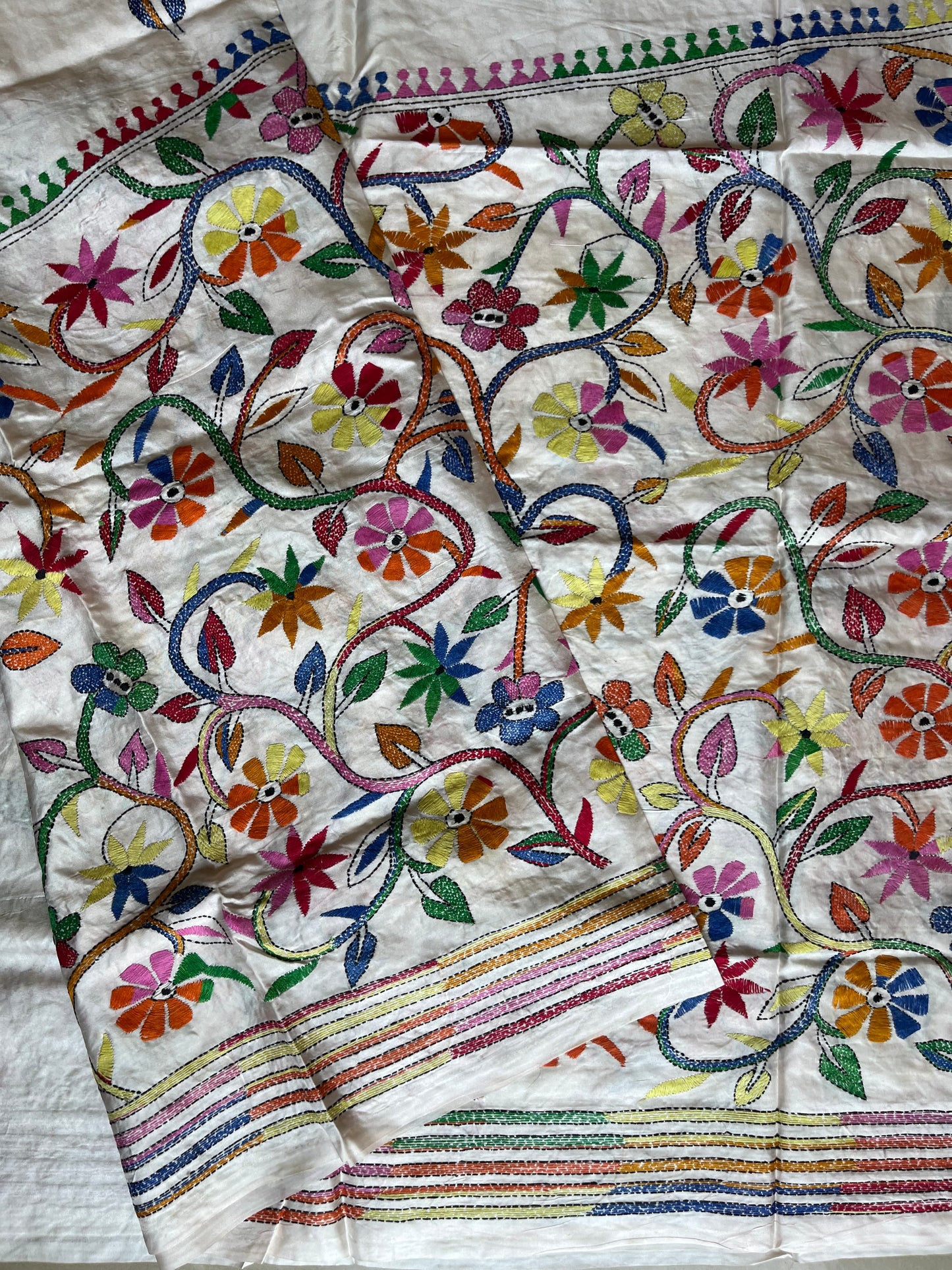 Kantha Stitch Hand Work Embroidered Art Silk Saree With Blouse