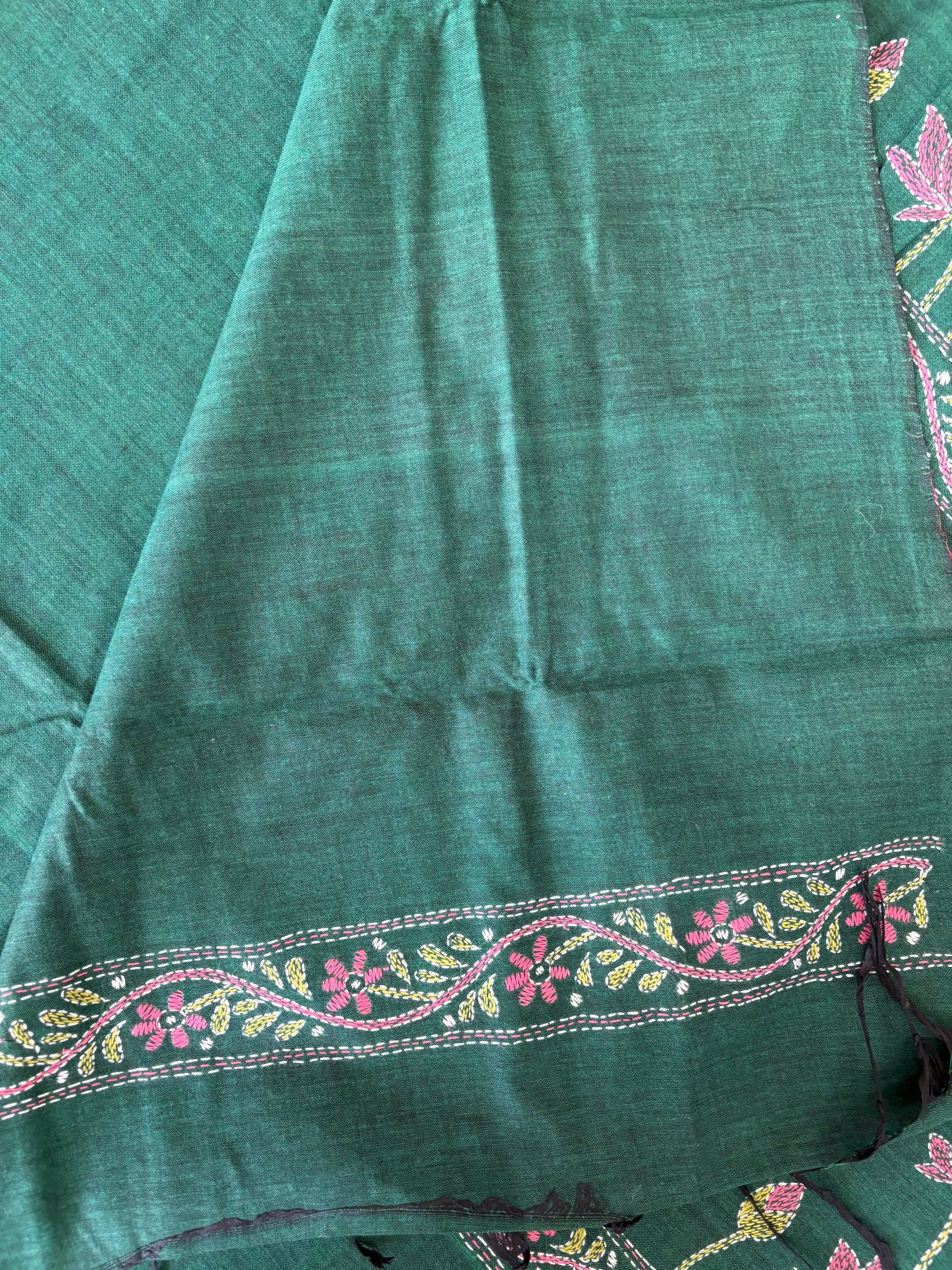 Kantha stitch Khadi Cotton Saree - Green