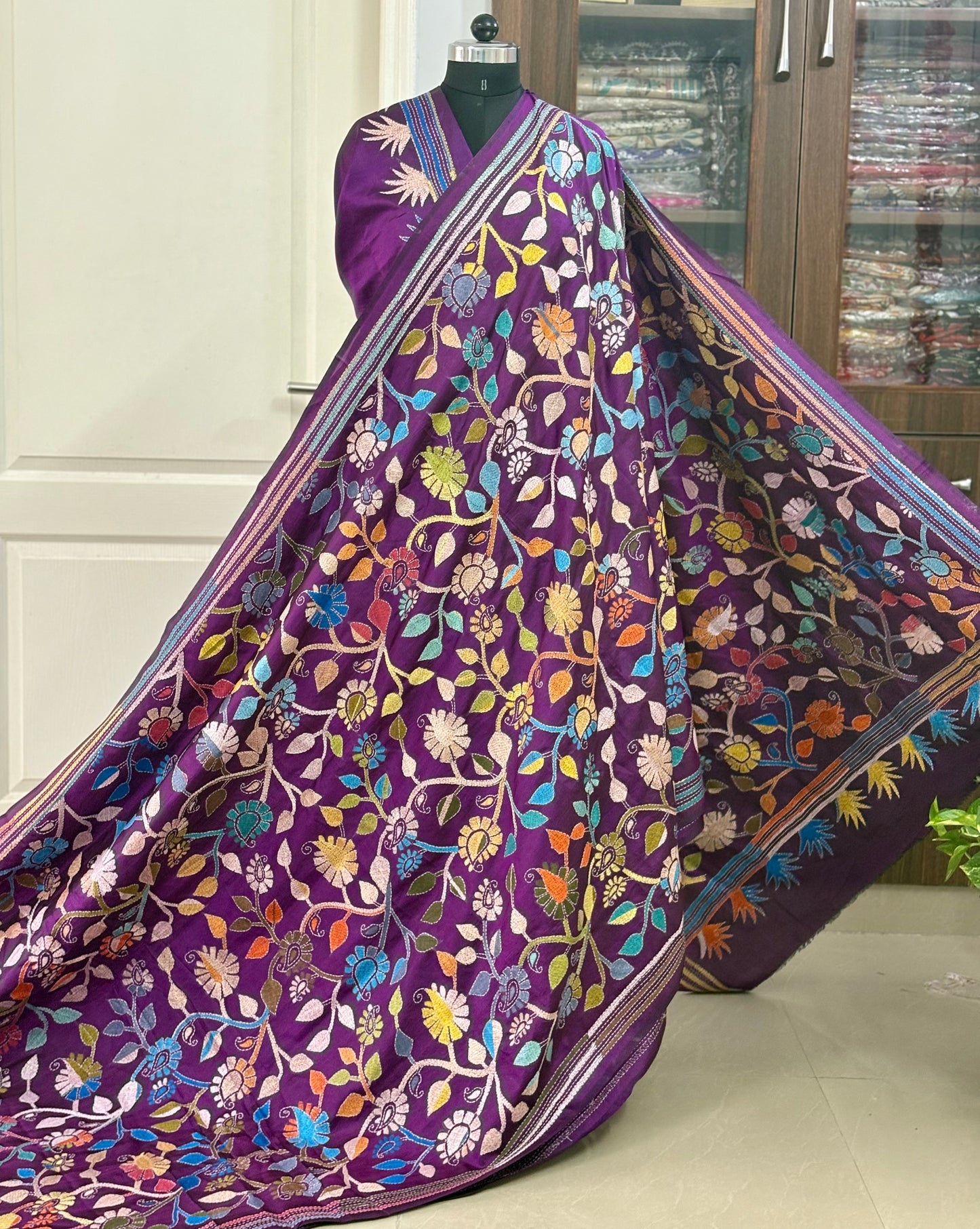 Kantha Hand Embroidery Pure Silk Saree – flowers