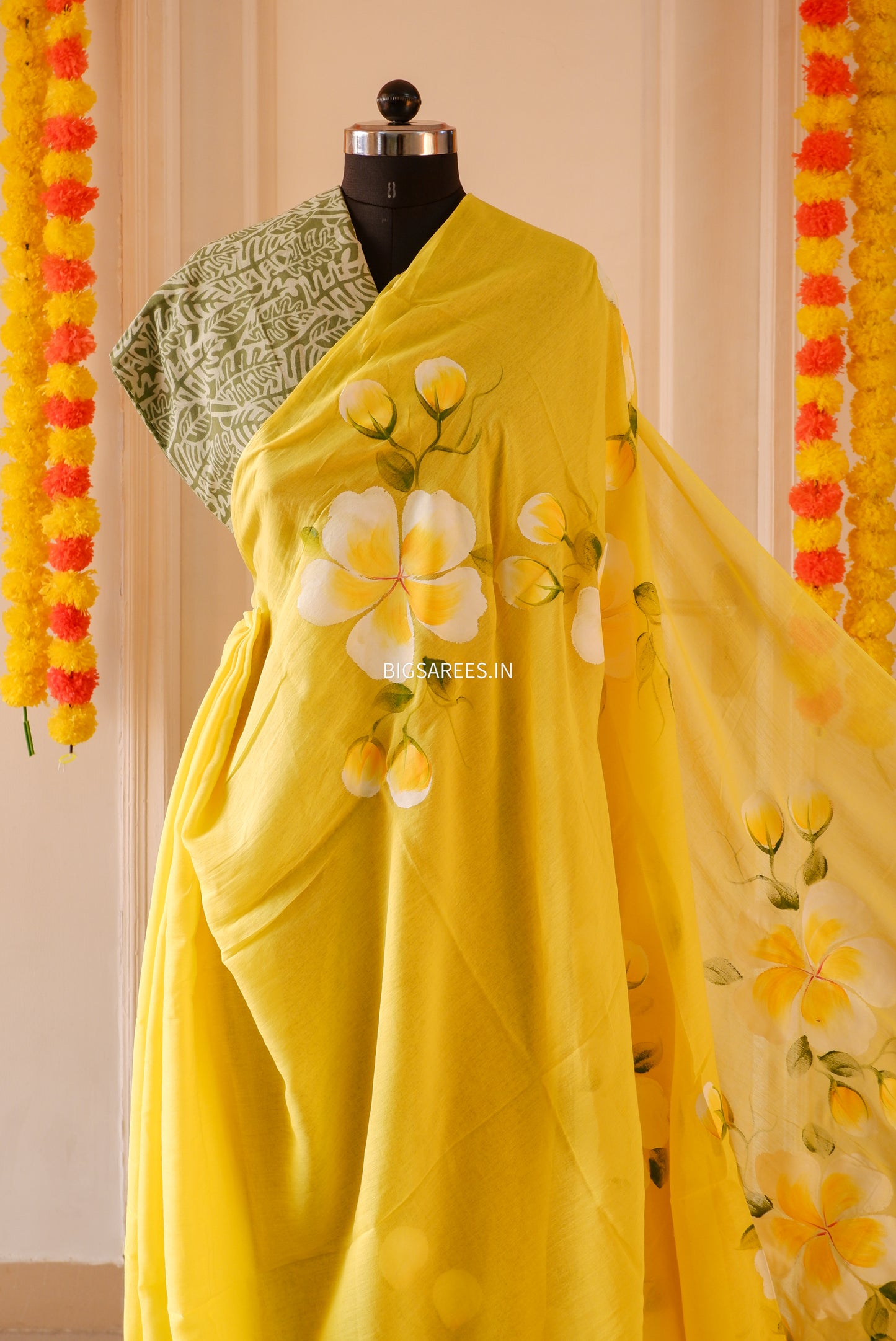 Hand Painted Mul Cotton Saree with Blouse | Yellow