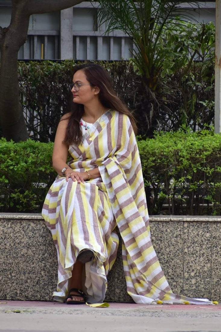 Linen strips Saree with running Blouse | Multicolor
