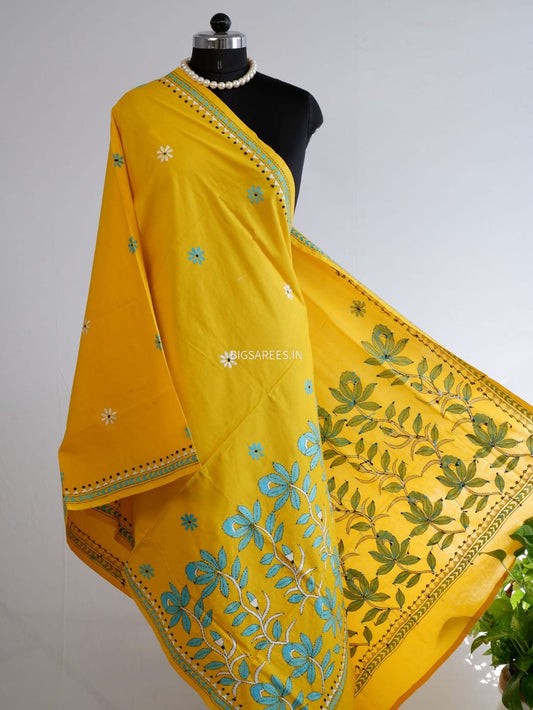 Hand-Embroidered Kantha Stitch Dupatta | Khadi Cotton | Yellow