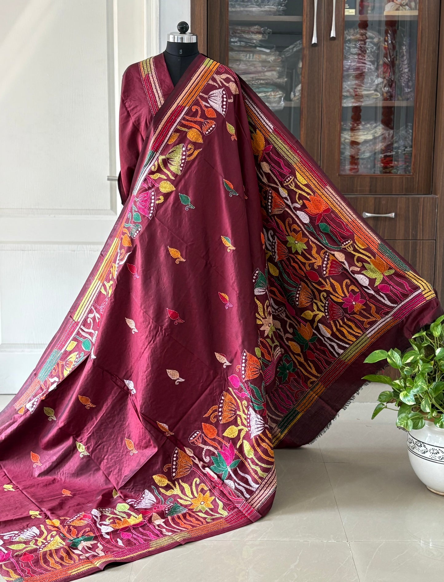 Kantha Stitch Hand Embroidered Pure Banglore Silk Saree (Silk Marked)