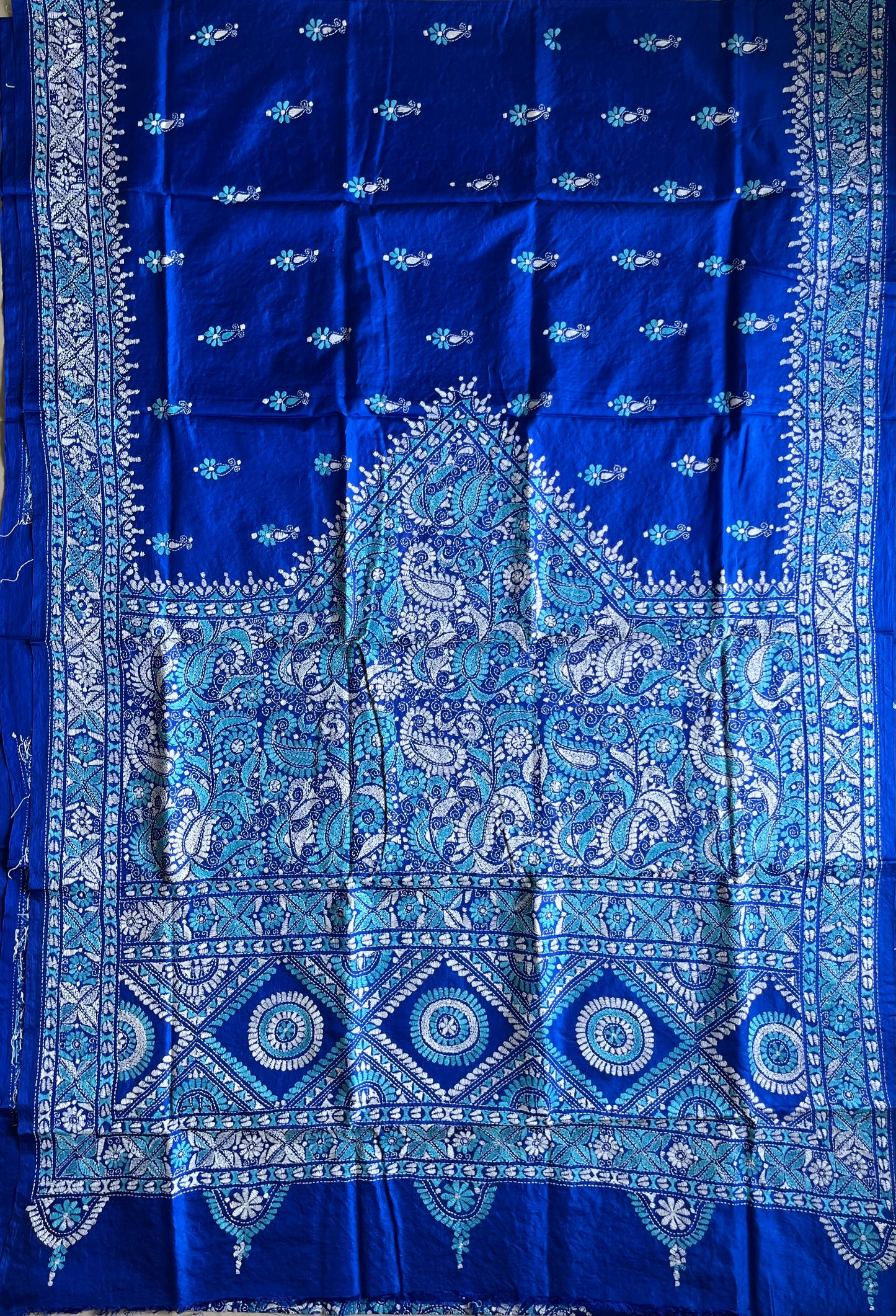 Royal Blue Kantha Hand Embroidered Pure Banglore Silk Saree