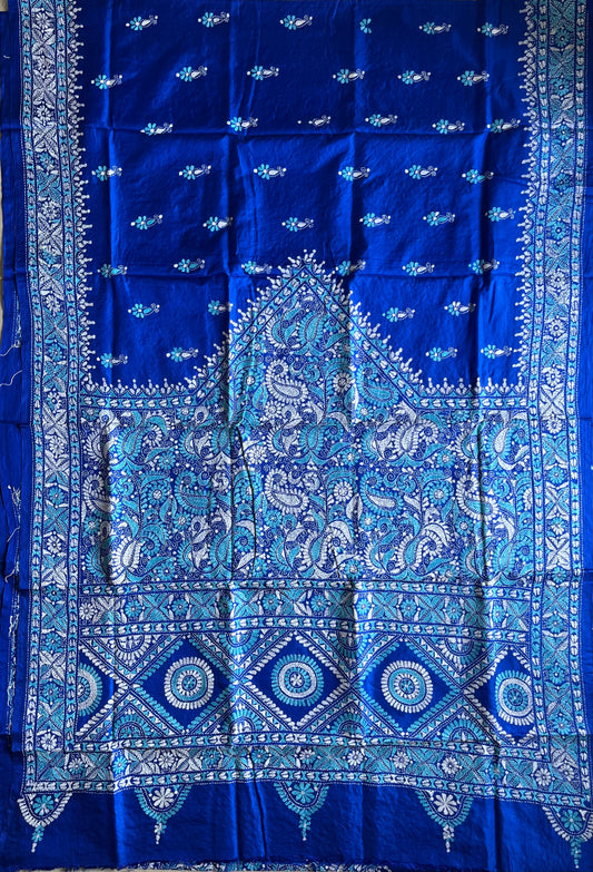 Royal Blue Kantha Hand Embroidered Pure Banglore Silk Saree