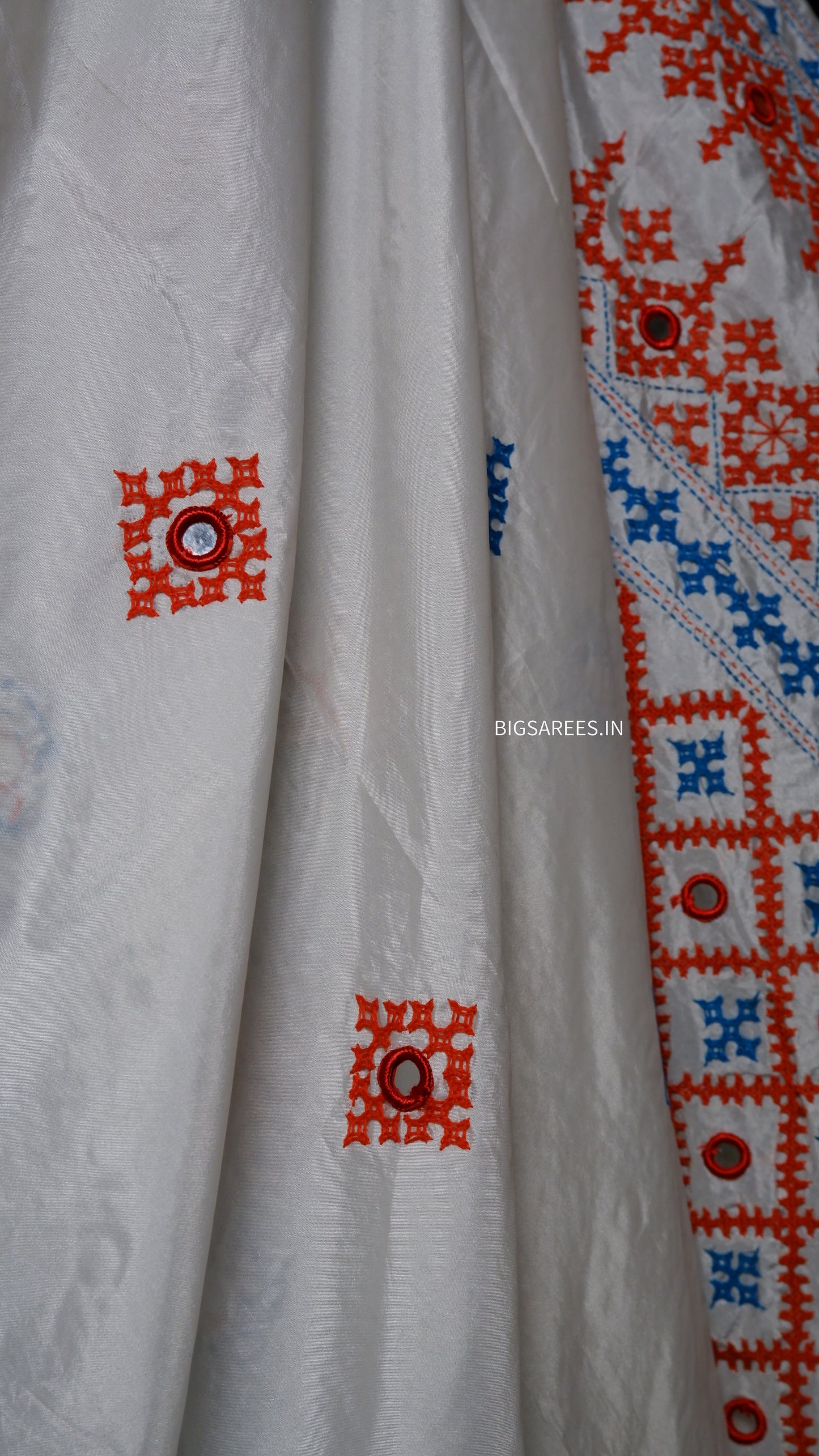 Heavy real mirror work Gujrati Stitch/Kutchi Bharat/Sindhi Hand Embroidered Art Silk Saree with blouse