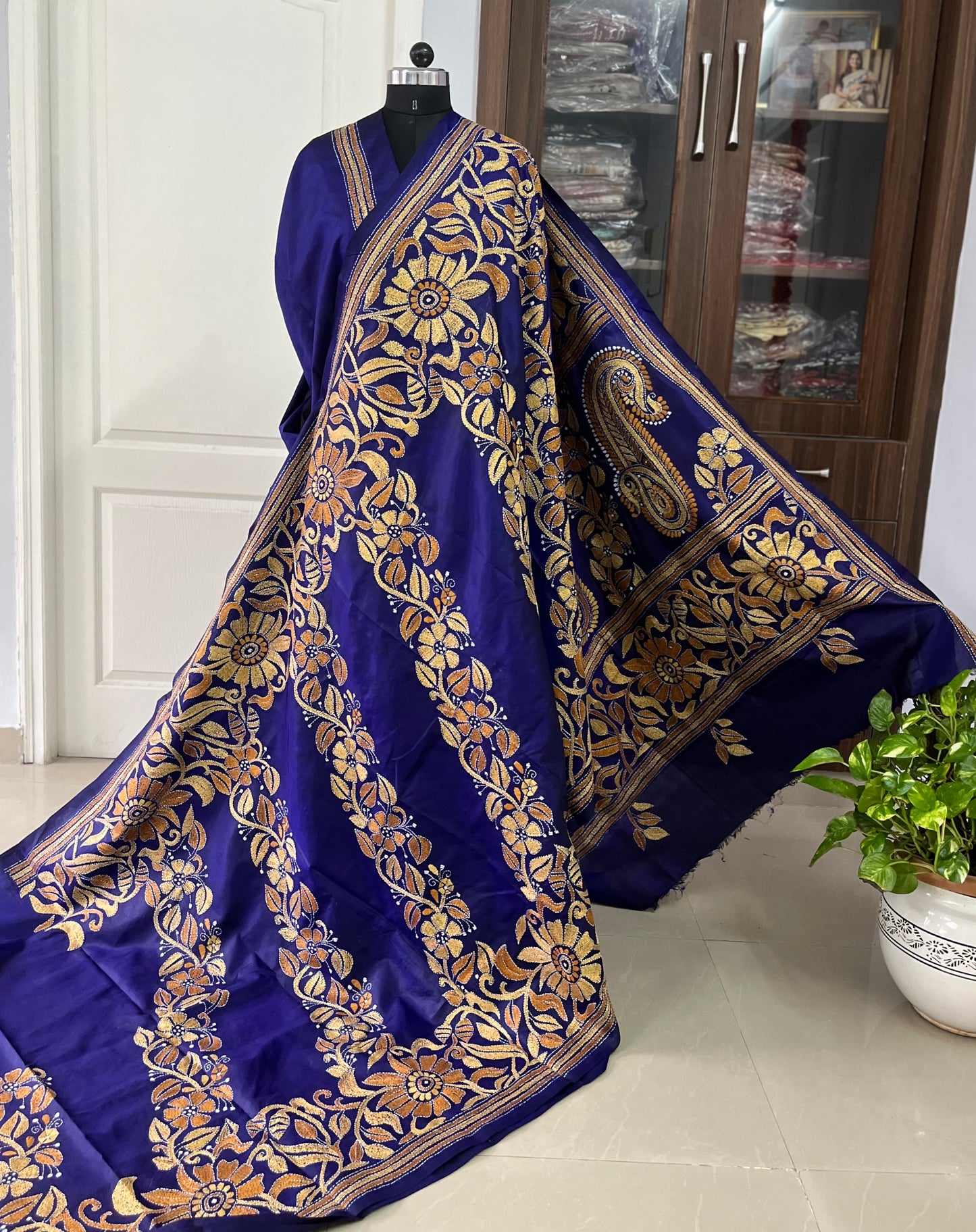 Kantha Hand Embroidered Pure Bangalore Silk Saree (Silk Marked)