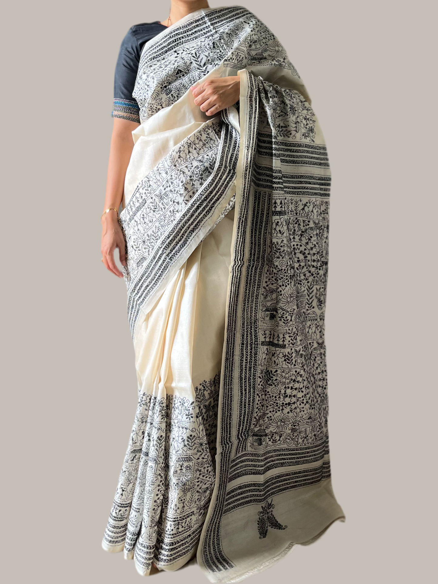 Off White Kantha Hand Embroidered Pure Tussar Silk Saree (Silk Marked)