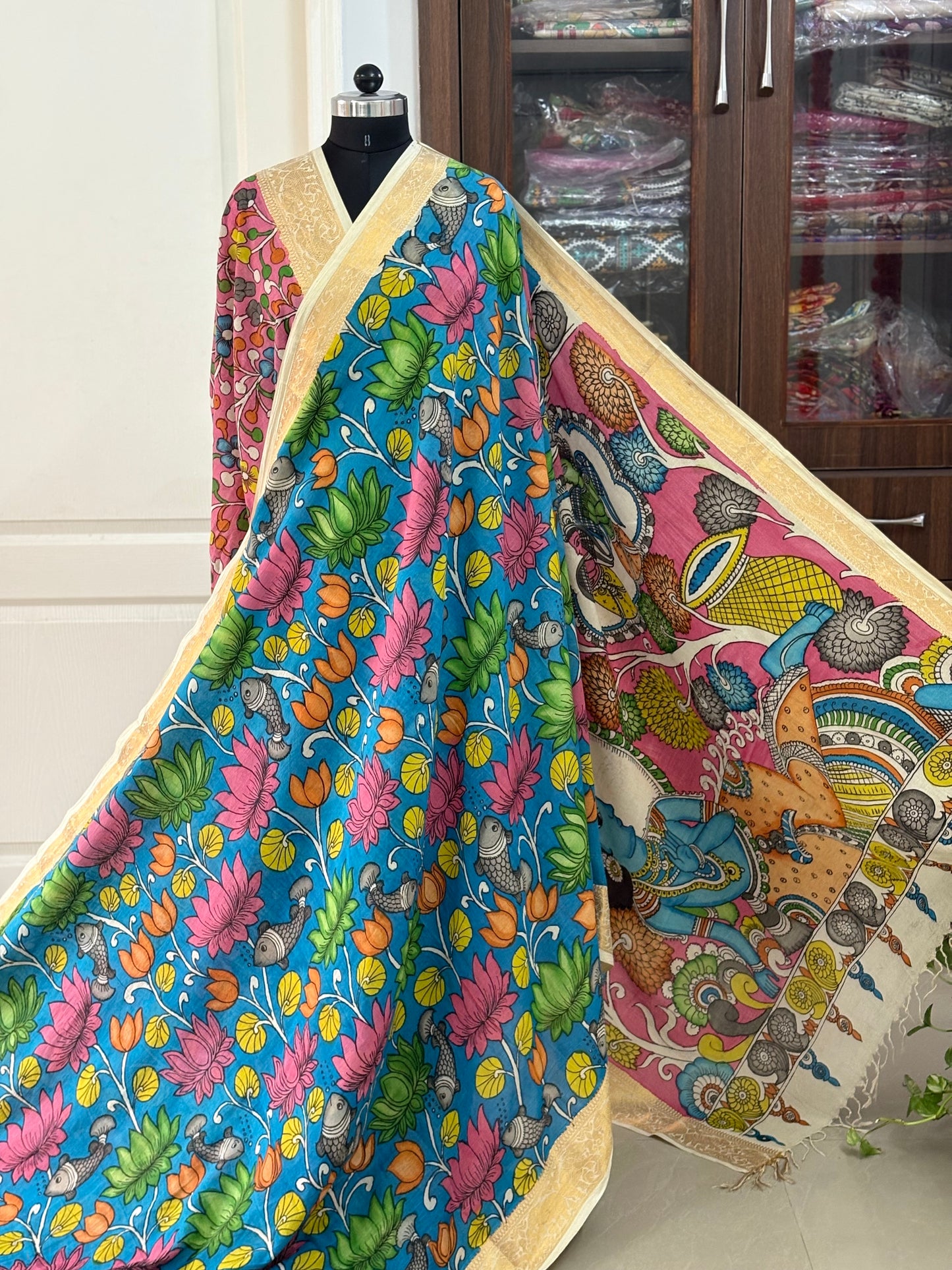 Pen Kalamkari hand painted pure cotton Saree with blouse