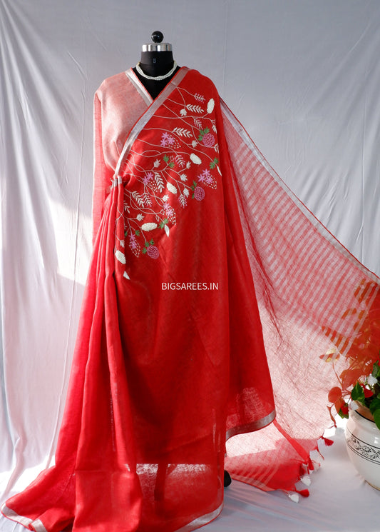 Pure Linen Saree With running Blouse - tomato Red