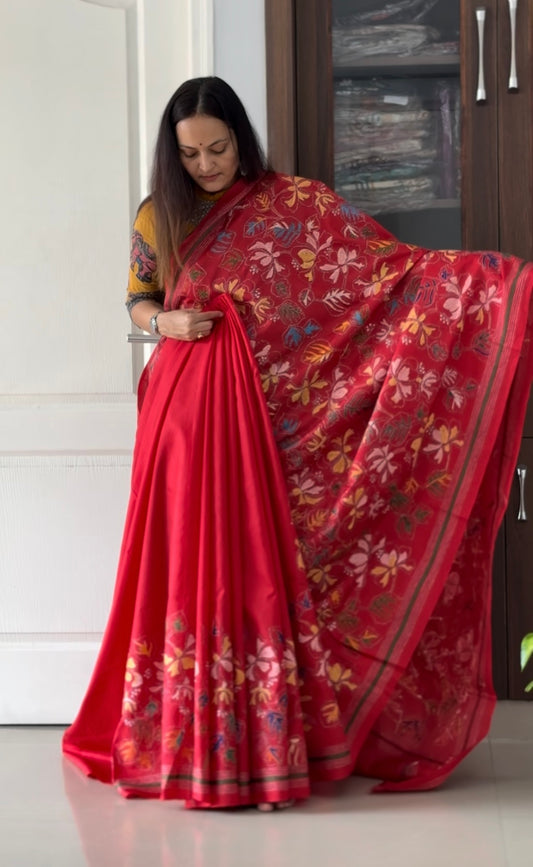 Kantha Stitch Hand Embroidered Pure Banglore Silk Saree (Silk Marked)