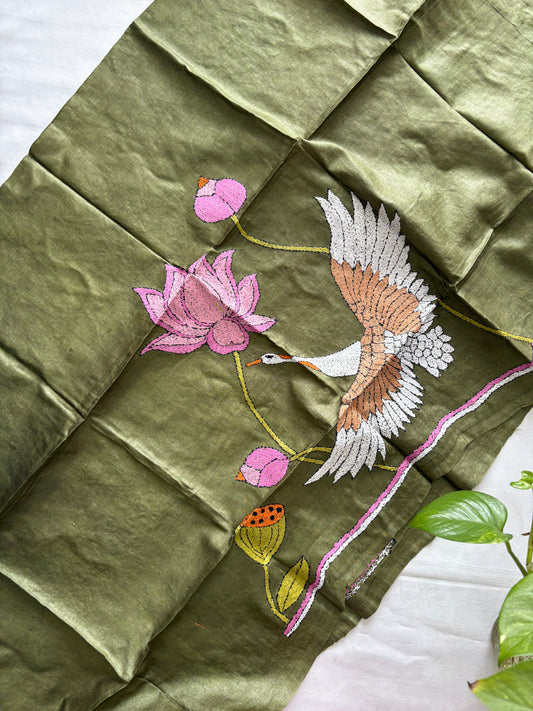 Kantha Stitch Pure Tassar Silk Blouse Piece - olive green
