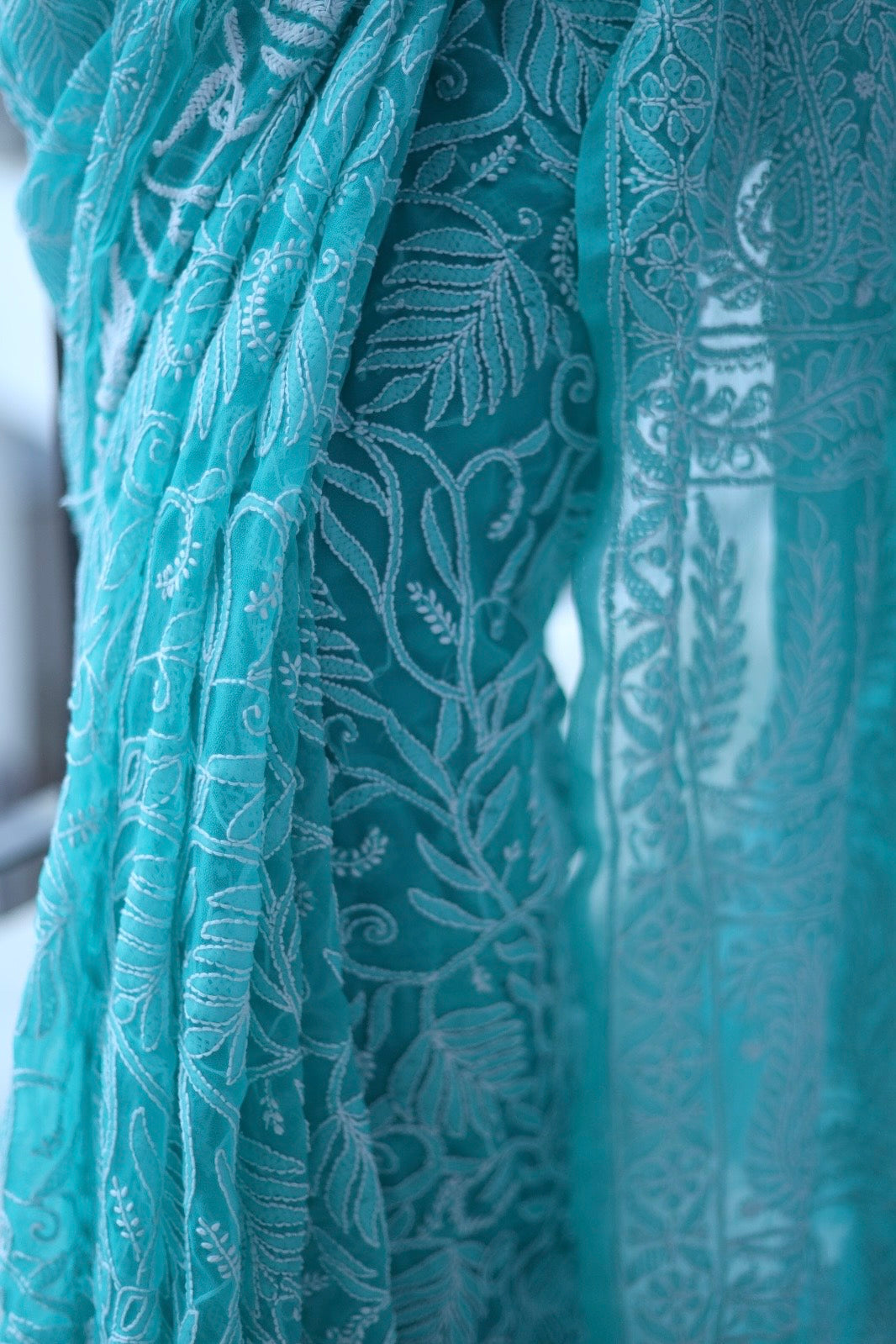 Blue Georgette Chikankari Work Hand Embroidered Saree