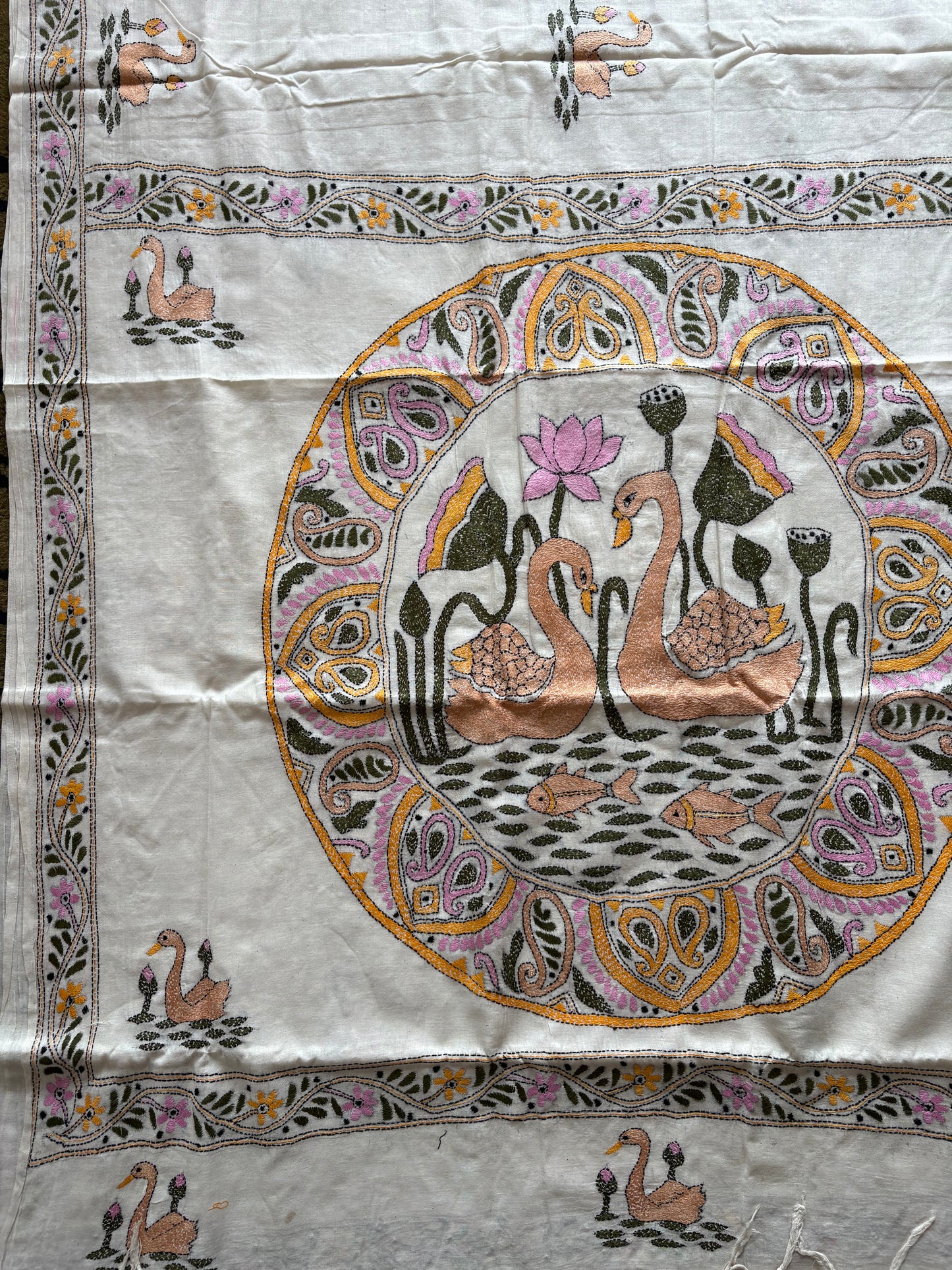 Kantha stitch Khadi Cotton Saree - Off white