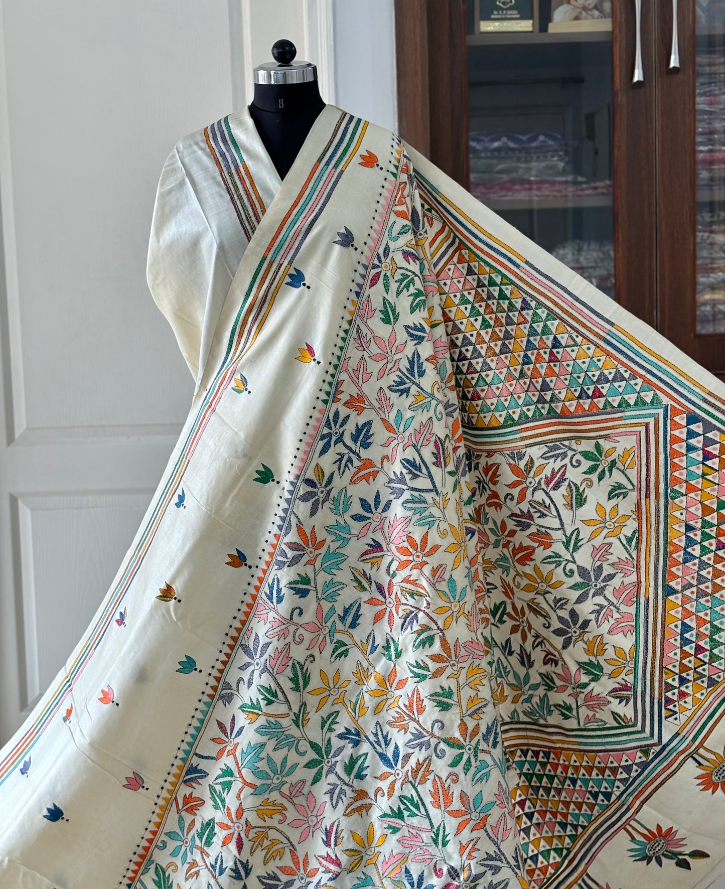 Off White Kantha Hand Embroidered Pure Tassar Silk Saree