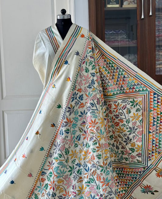 Off White Kantha Hand Embroidered Pure Tassar Silk Saree