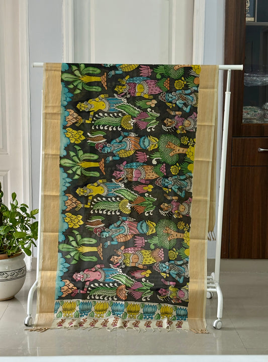Pen Kalamkari hand painted Banglore Silk Dupatta