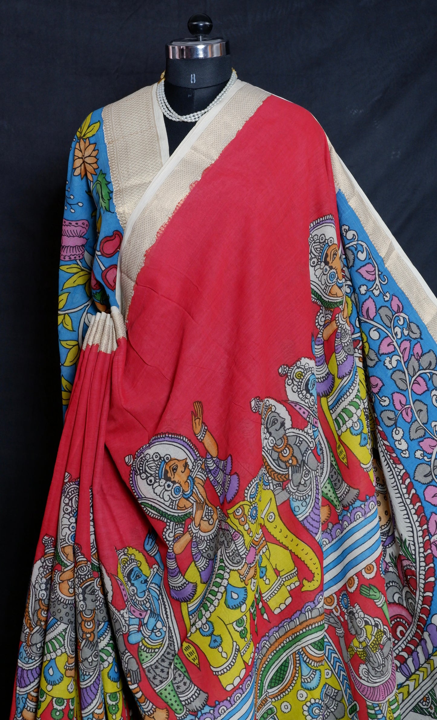 Pen Kalamkari hand painted pure cotton Saree with blouse