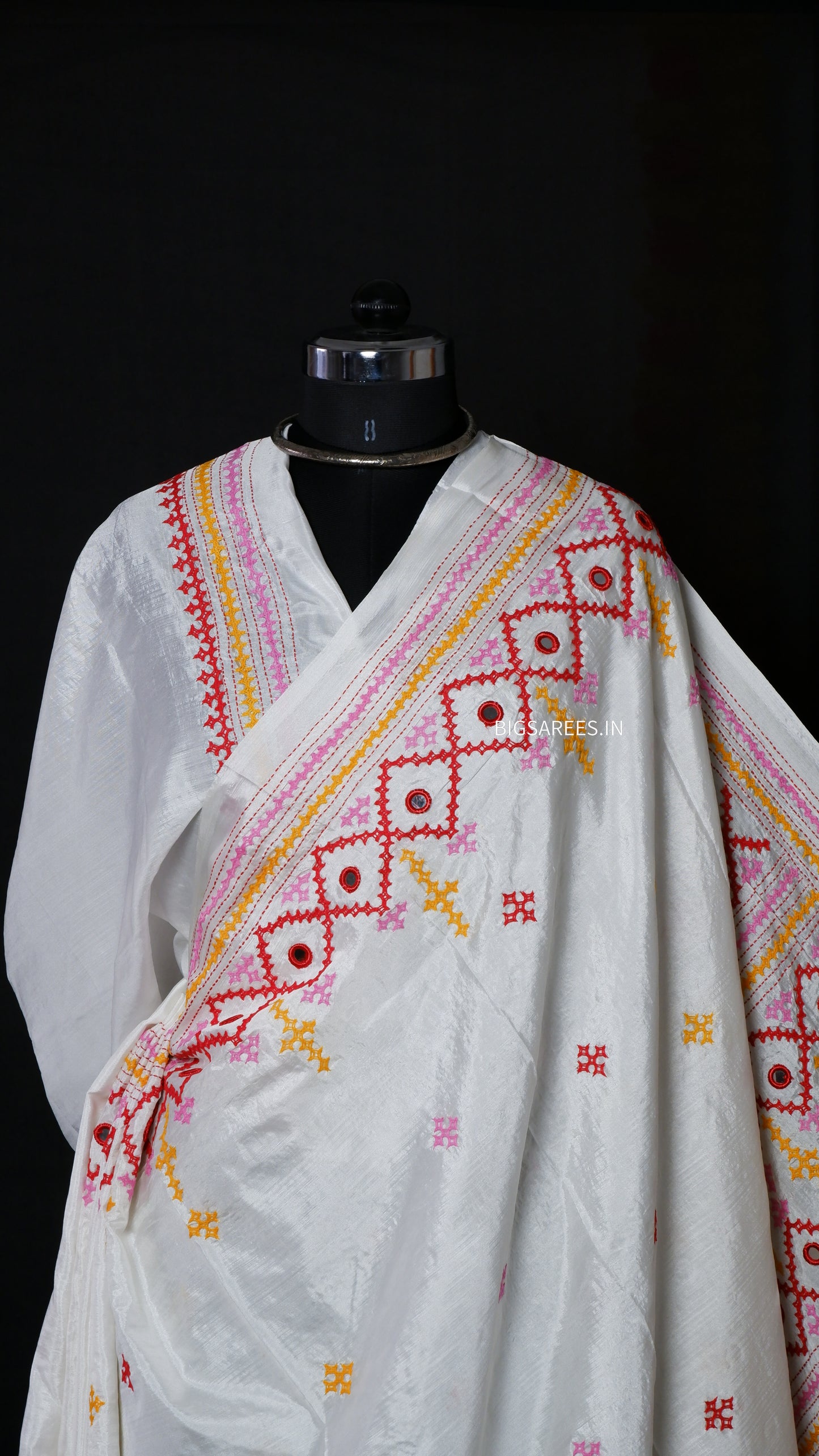 Heavy real mirror work Gujrati Stitch/Kutchi Bharat/Sindhi Hand Embroidered Art Silk Saree with blouse - Off white