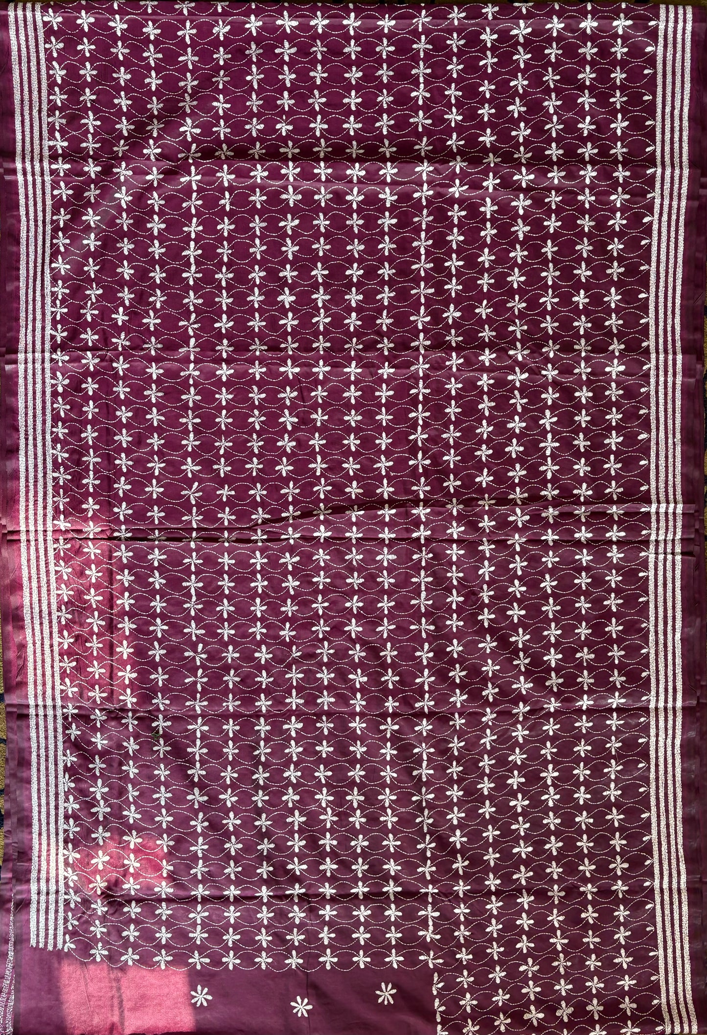 Kantha Stitch Hand Embroidered Art Silk Saree With Blouse