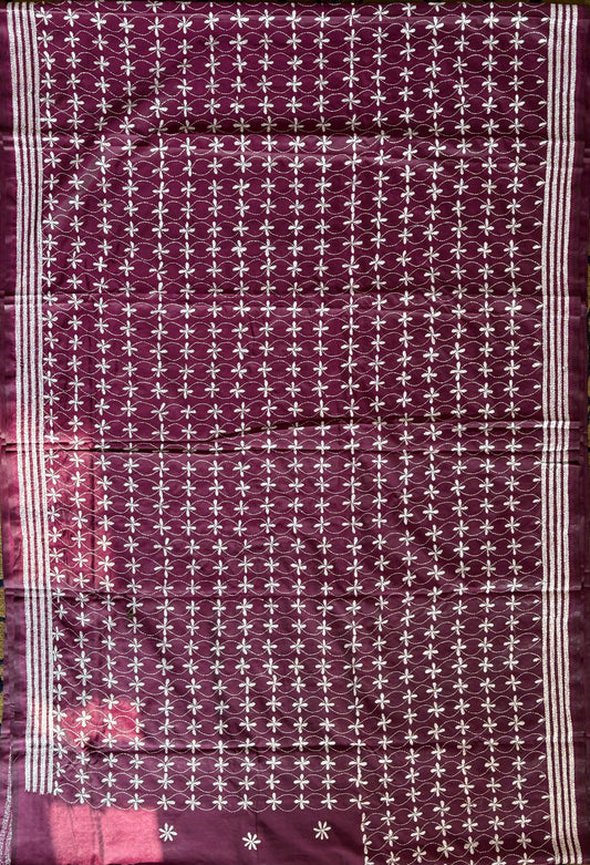 Kantha Stitch Hand Embroidered Art Silk Saree With Blouse