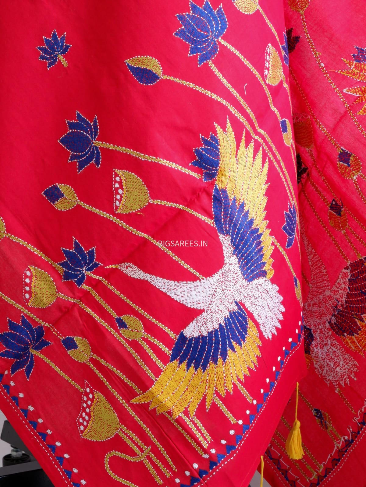 Hand-Embroidered Kantha Stitch Dupatta | Khadi Cotton | Red