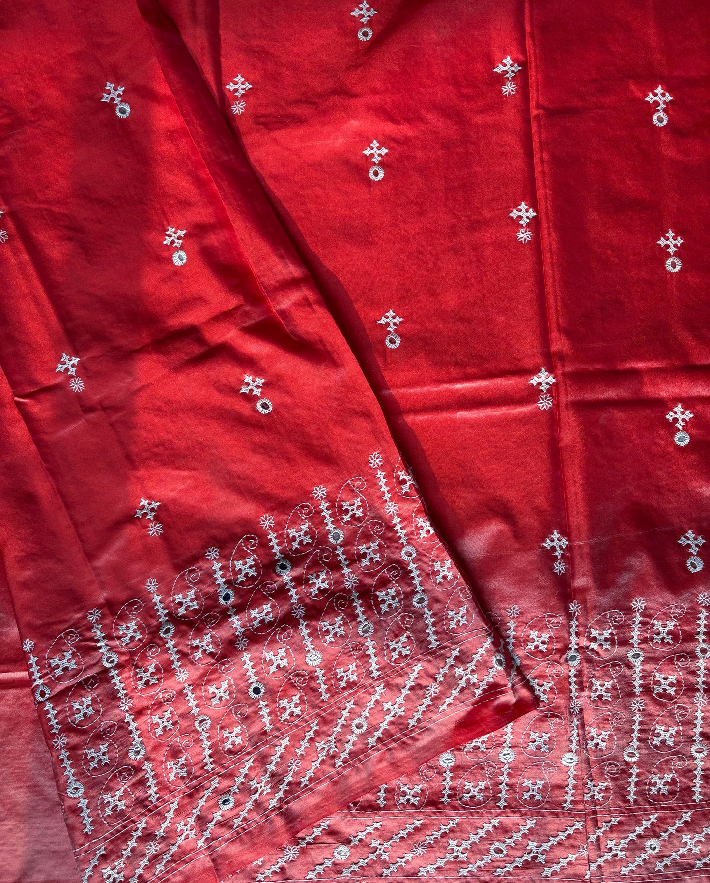 Gujrati Stitch/Kutch Hand Embroidered Art Silk Saree