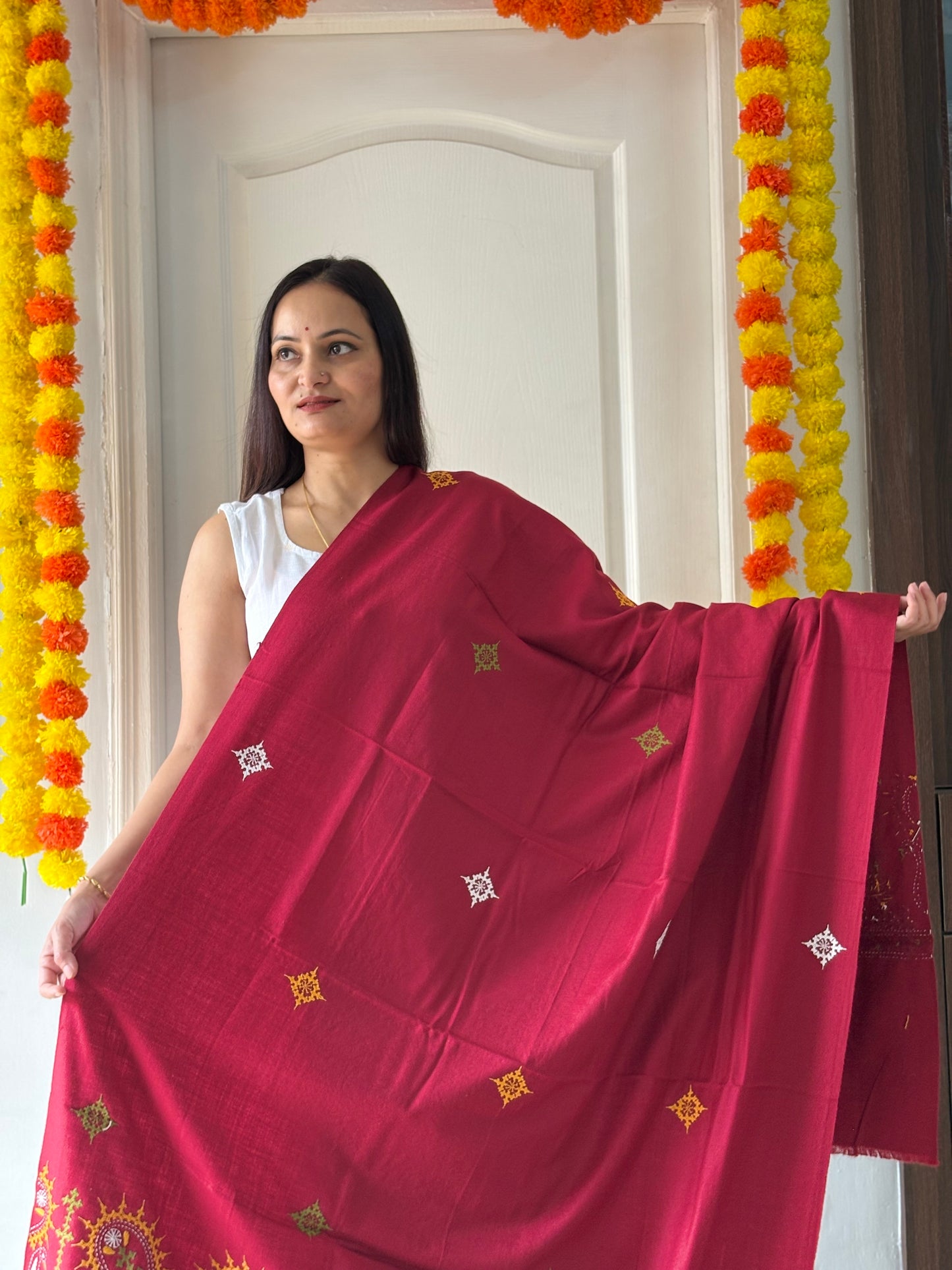 Gujrati Stitch Hand Embroidered Woollen Warm Shawl