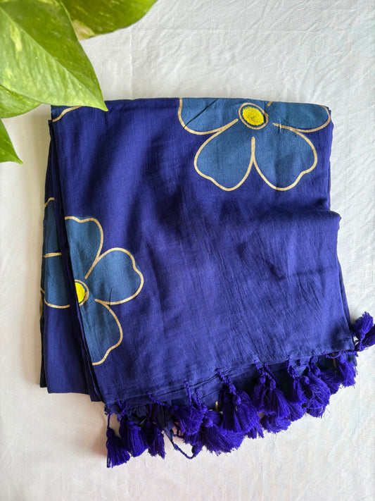 Hand Painted Mul Cotton Saree - Dark Blue