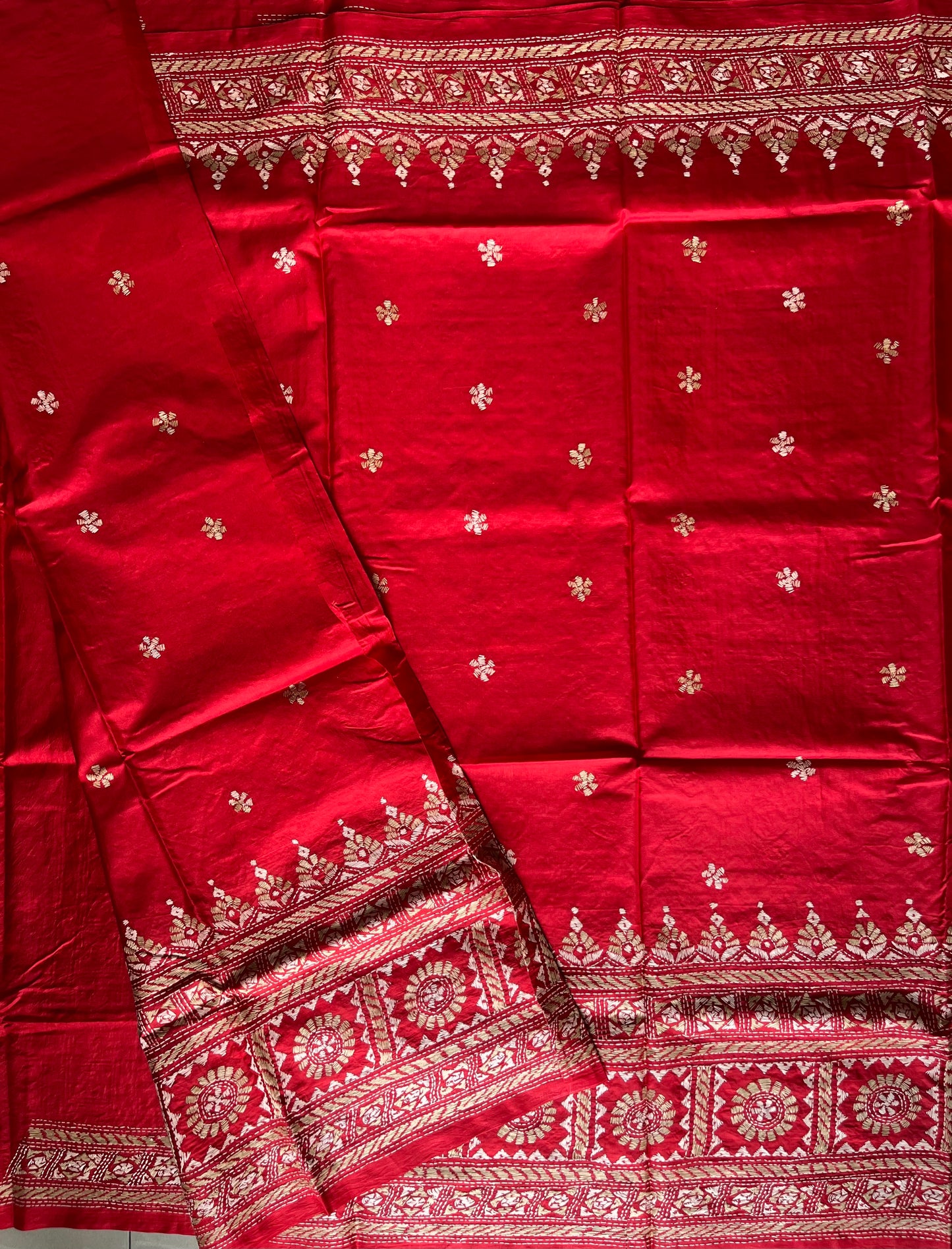 Red Kantha Hand Embroidered Pure Banglore Silk Saree