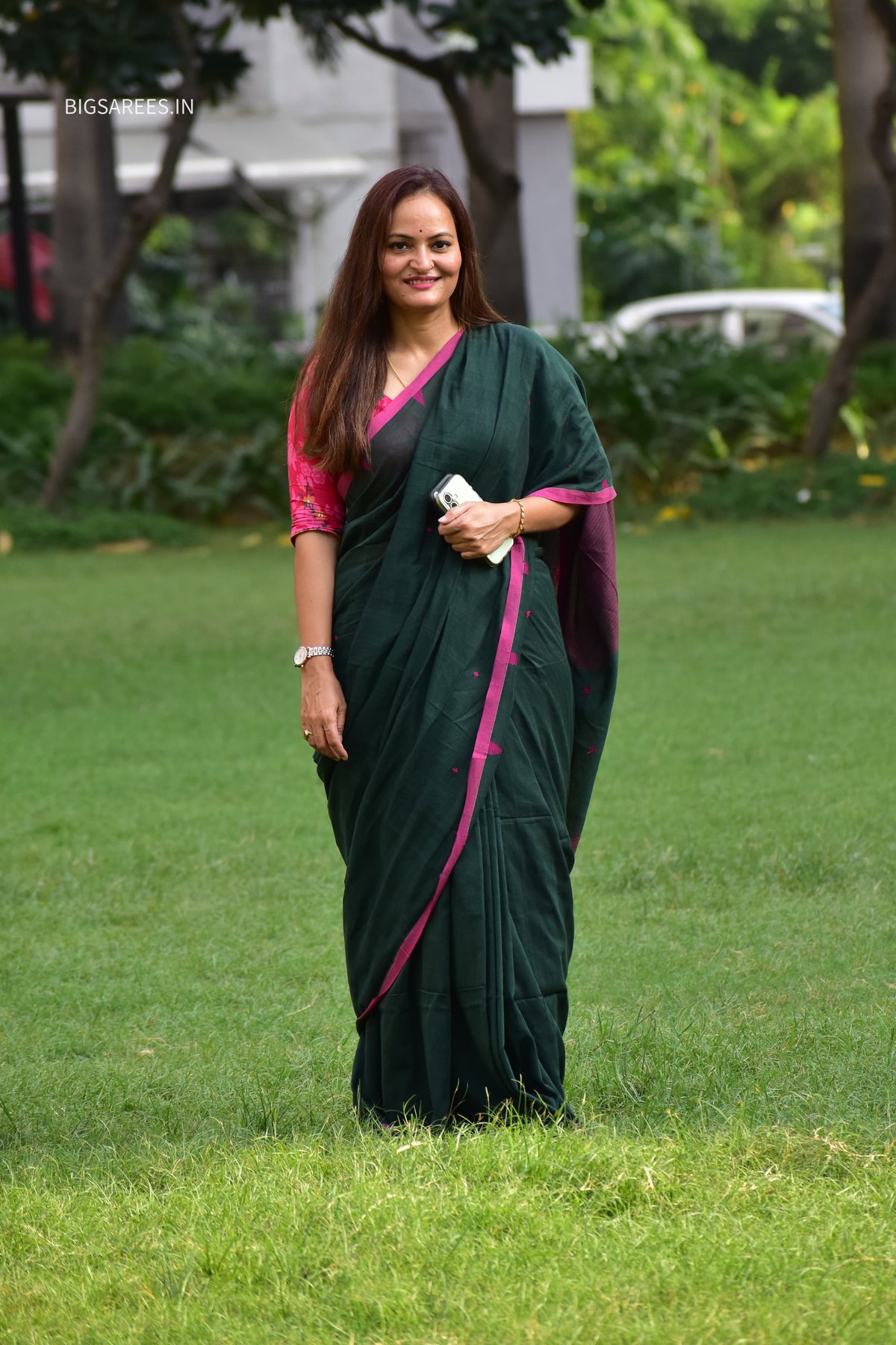 Hand woven Pure Cotton Saree (Handloom Marked) - Green