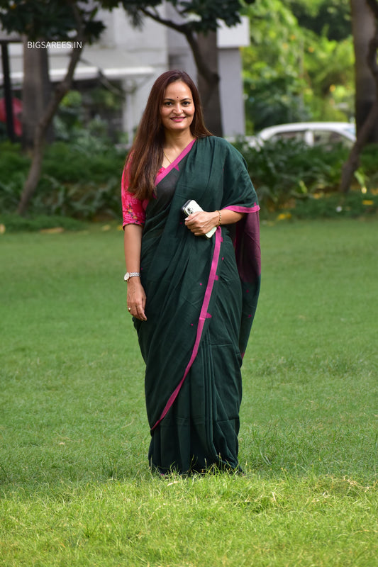 Hand woven Pure Cotton Saree (Handloom Marked) - Green