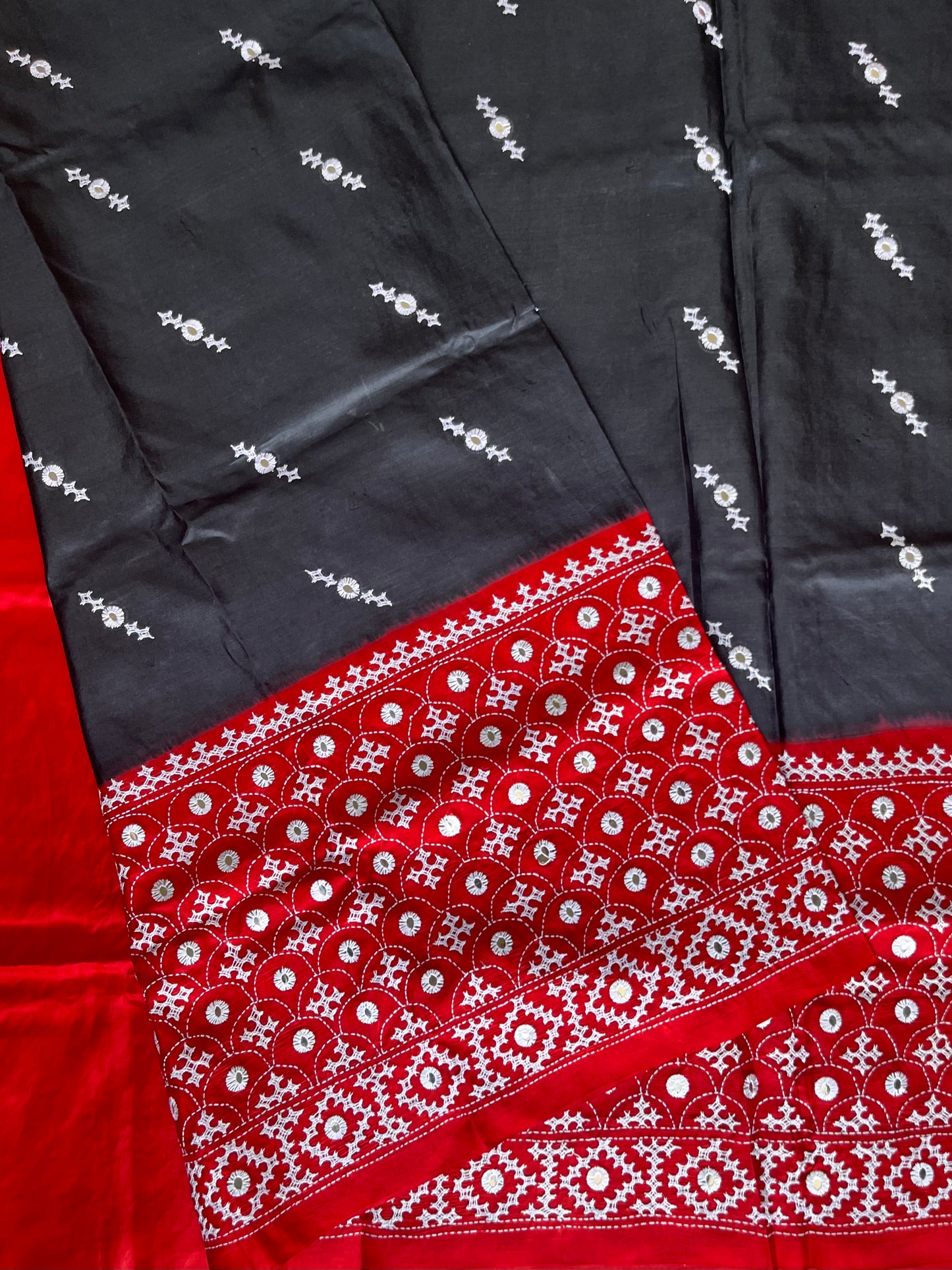 Red Black Kutch Hand Embroidered Pure Banglore Silk Saree