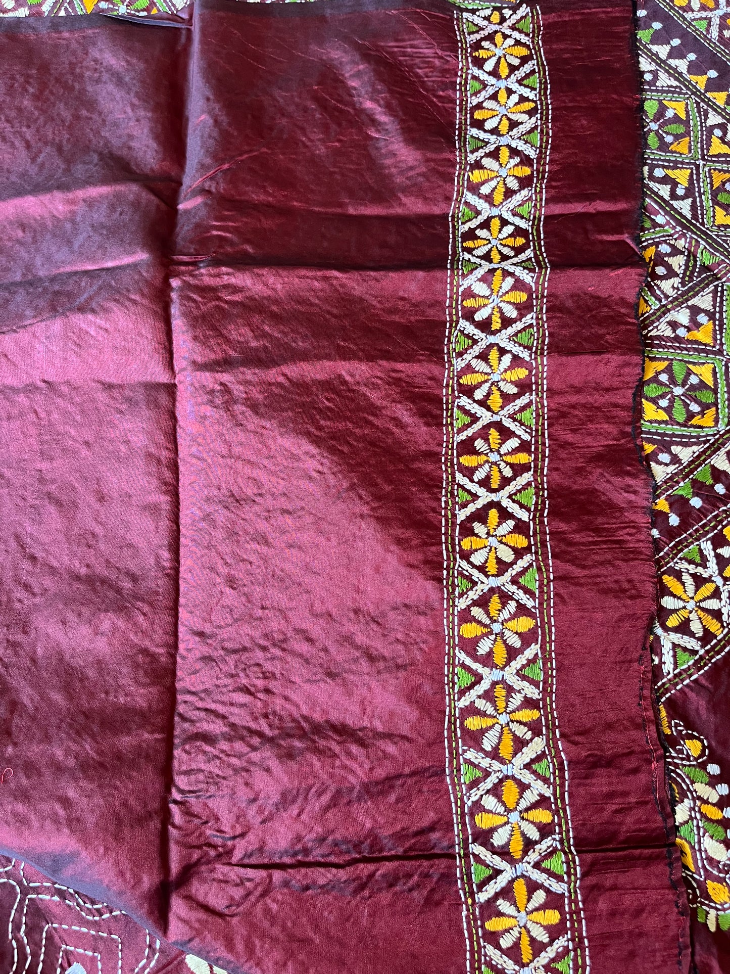 Kantha Hand Embroidered Blended Banglore Silk/Art Silk Saree With Blouse