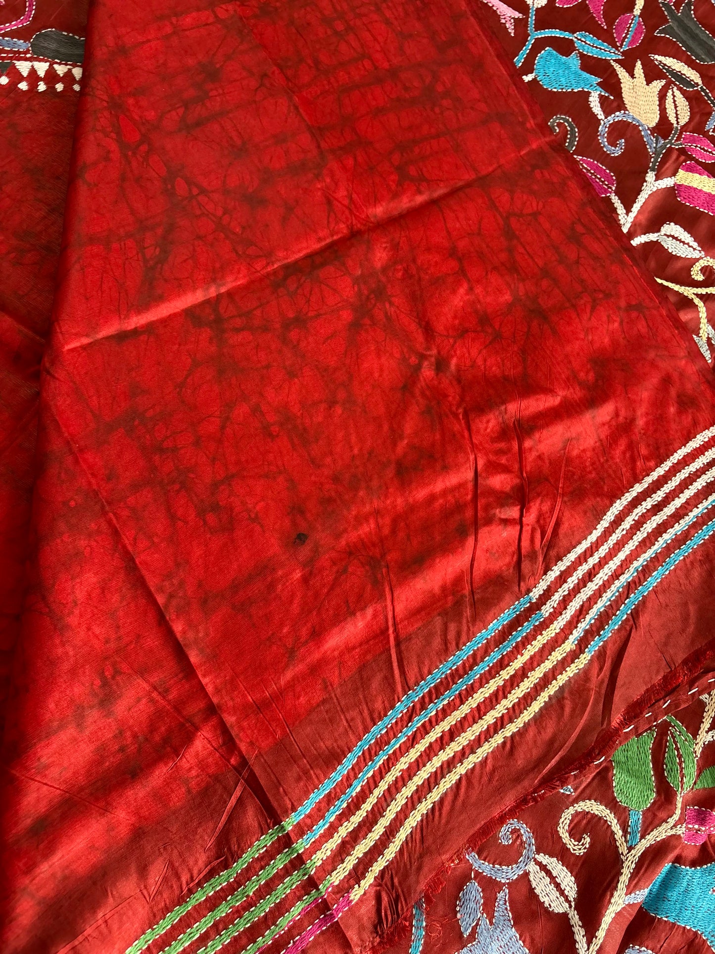 Kantha Hand Embroidered Blended Banglore Silk/Art Silk Saree With Blouse