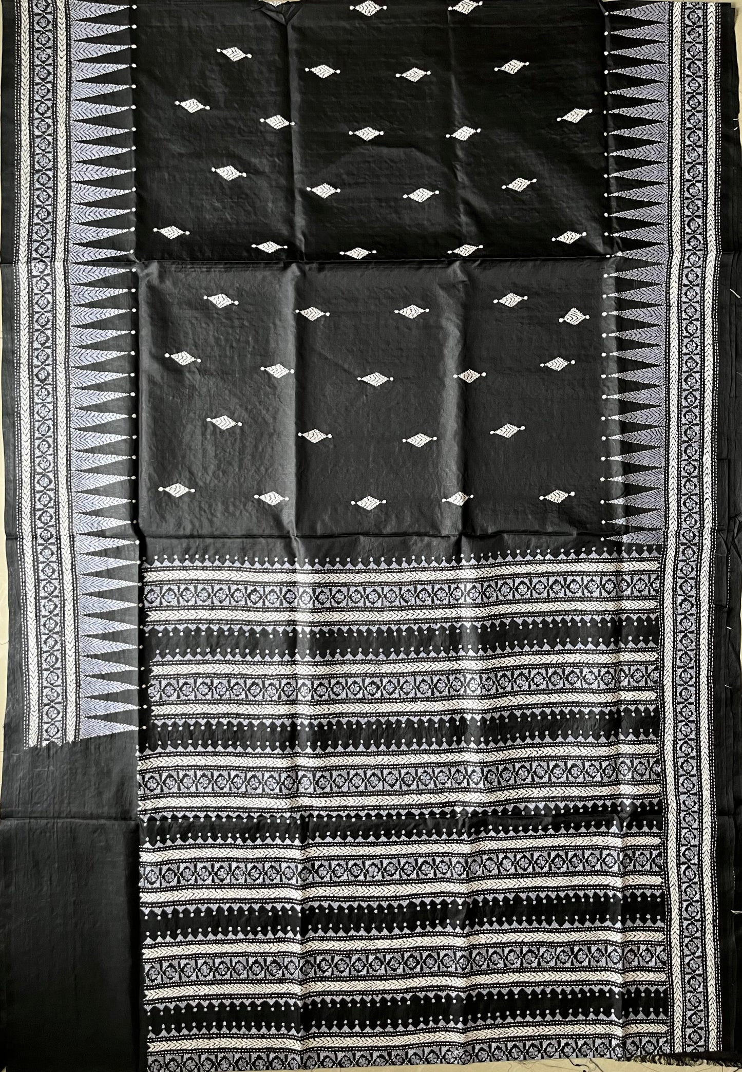 Black Kantha Stitch Hand Embroidered Pure Banglore Silk Saree (Silk Marked)