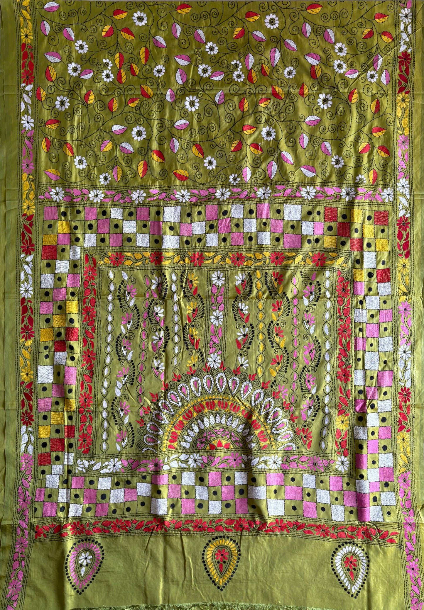 Black Kantha Hand Embroidered Blended Banglore Silk/Art Silk Saree With Blouse