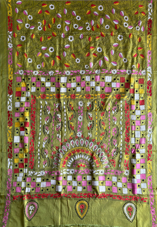 Black Kantha Hand Embroidered Blended Banglore Silk/Art Silk Saree With Blouse